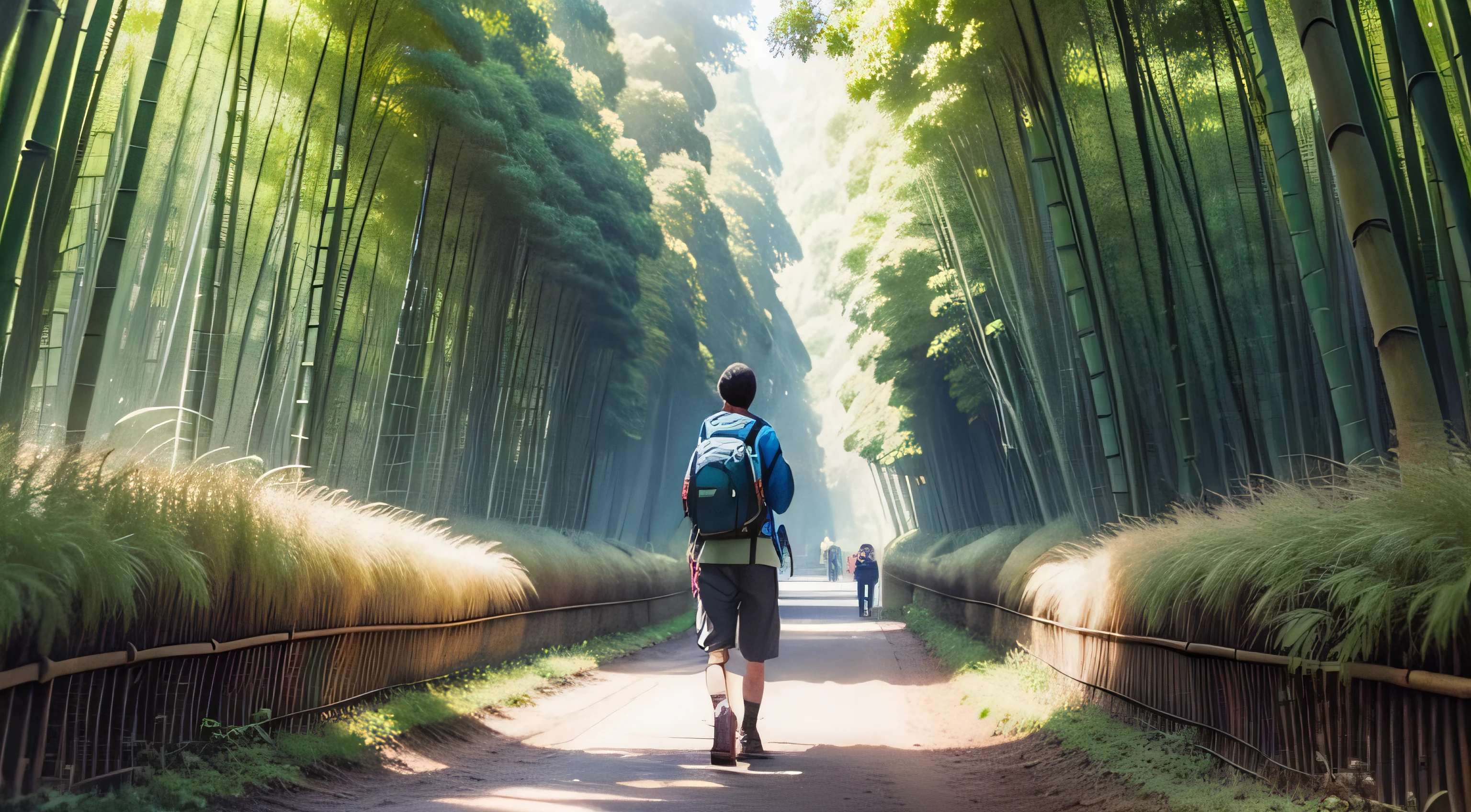 Sustainable eco-friendly travel tourist hiker walking in natural bamboo forest