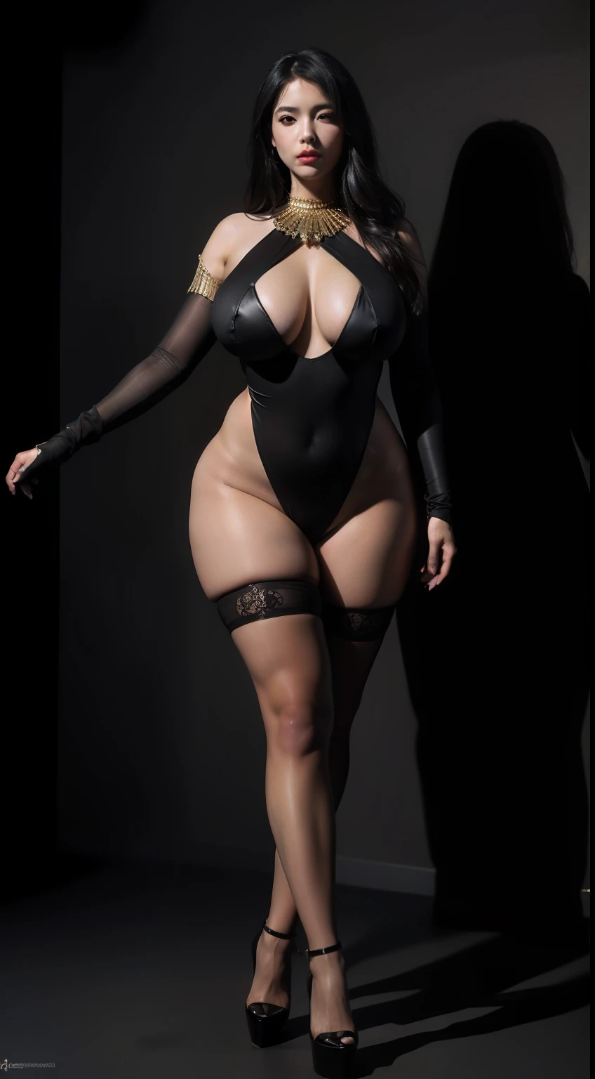 huge tit,fat hips,thick leg,big breasts thin waist,Must be a full-body photograph, (There is only one character:1.2), Must have stockings and high heels, Must have extra-long gloves, Very many crystal gemstone jewelry, High-value jewelry, It is forbidden to appear men, Detailed and complex background, glittery, Light smile, reflective light, hyper HD, Award-Awarded, A high resolution, High detail, Chiaroscuro, Cinematic lighting, Negative space, Masterpiece, Anatomically correct, Textured skin, Super detail, High quality, High details, Best quality, 16