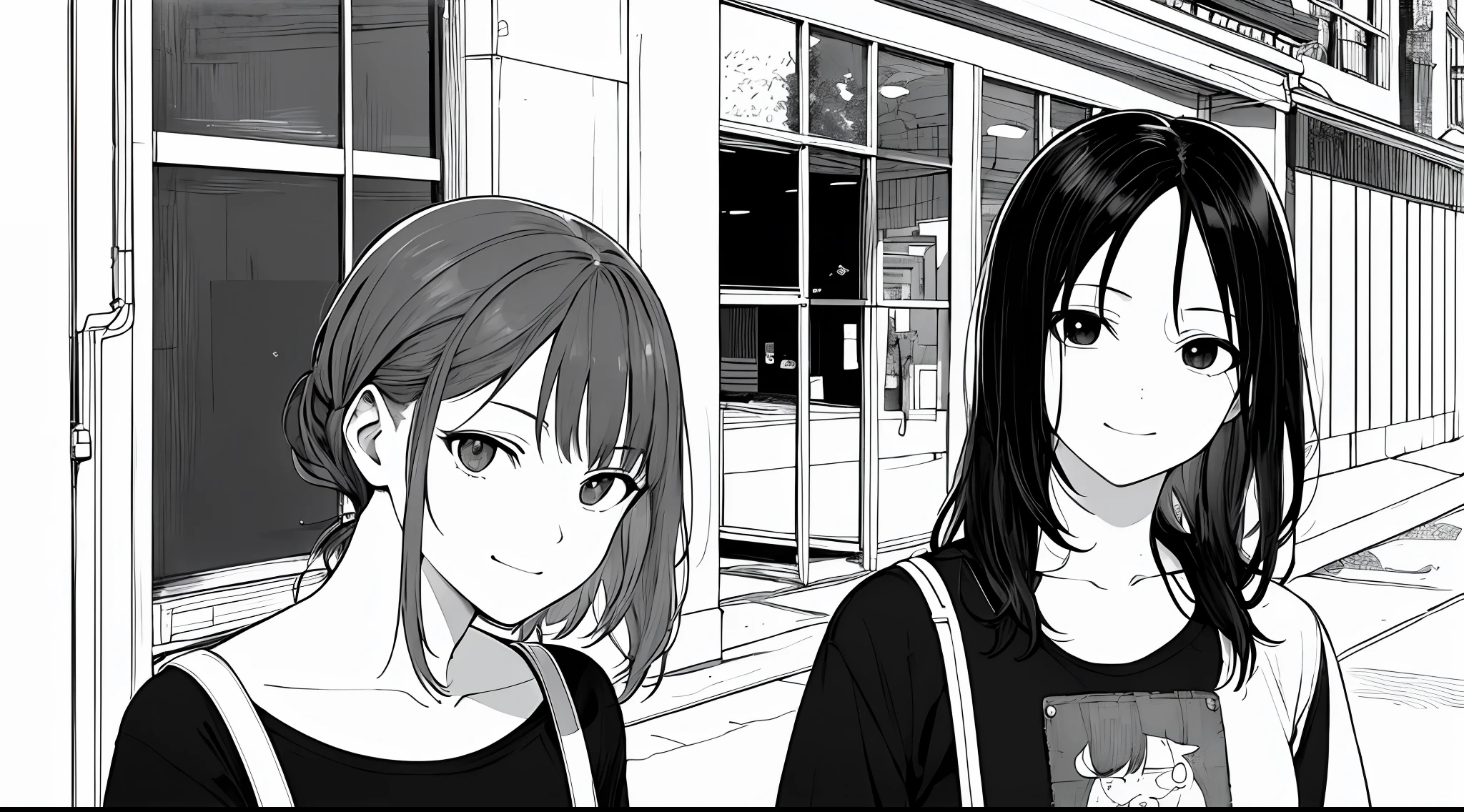 ​masterpiece, top-quality, 1girl in, tshirts, A slight smil, a school bag, A dark-haired, Black eyes, cyberpunked, a street, monochromes, line-drawing、