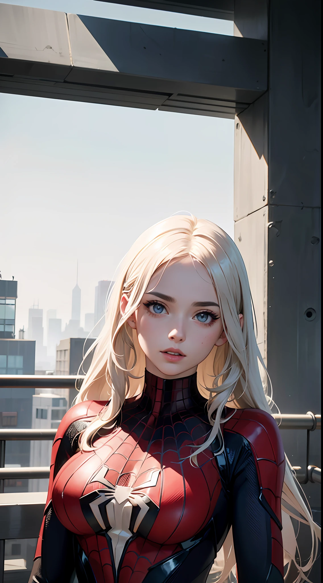 (1girl:1.3), Solo, (((Very detailed face)))), ((Very detailed eyes and face)))), Beautiful detail eyes, Body parts__, Official art, Unified 8k wallpaper, Super detailed, beautiful and beautiful, beautiful, masterpiece, best quality, original, masterpiece, super fine photo, best quality, super high resolution, realistic realism, sunlight, full body portrait, amazing beauty, dynamic pose, delicate face, vibrant eyes, (from the front), She wears Spider-Man suit, red and black color scheme, spider, very detailed city roof background, rooftop, overlooking the city, detailed face, detailed complex busy background, messy, gorgeous, milky white, highly detailed skin, realistic skin details, visible pores, clear focus, volumetric fog, 8k uhd, DSLR, high quality, film grain, fair skin, photo realism, lomography, futuristic dystopian megalopolis, translucent