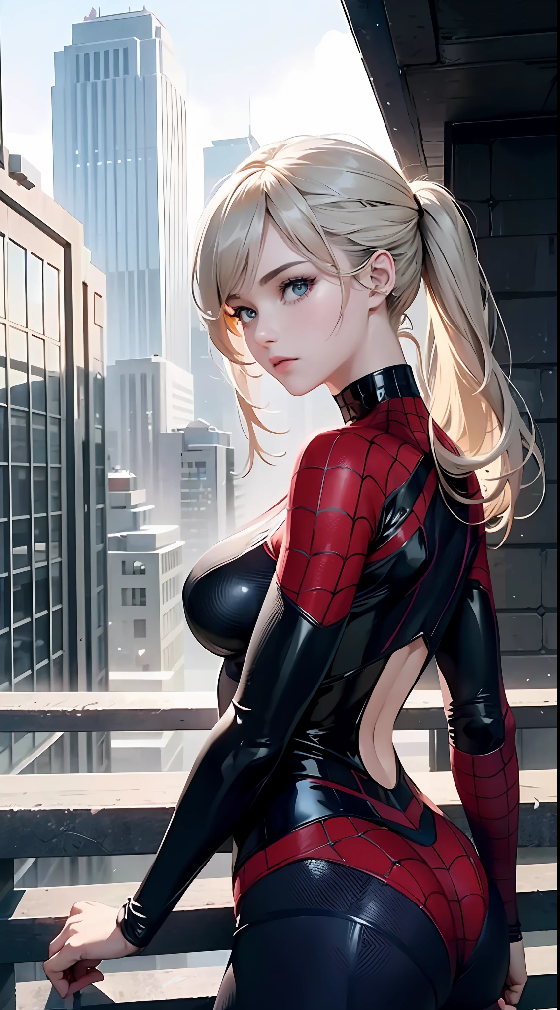 (1girl:1.3), Solo, (((Very detailed face)))), ((Very detailed eyes and face)))), Beautiful detail eyes, Body parts__, Official art, Unified 8k wallpaper, Super detailed, beautiful and beautiful, beautiful, masterpiece, best quality, original, masterpiece, super fine photo, best quality, super high resolution, realistic realism, sunlight, full body portrait, amazing beauty, dynamic pose, delicate face, vibrant eyes, (from the front), She wears Spider-Man suit, red and black color scheme, spider, very detailed city roof background, rooftop, overlooking the city, detailed face, detailed complex busy background, messy, gorgeous, milky white, highly detailed skin, realistic skin details, visible pores, clear focus, volumetric fog, 8k uhd, DSLR, high quality, film grain, fair skin, photo realism, lomography, futuristic dystopian megalopolis, translucent
