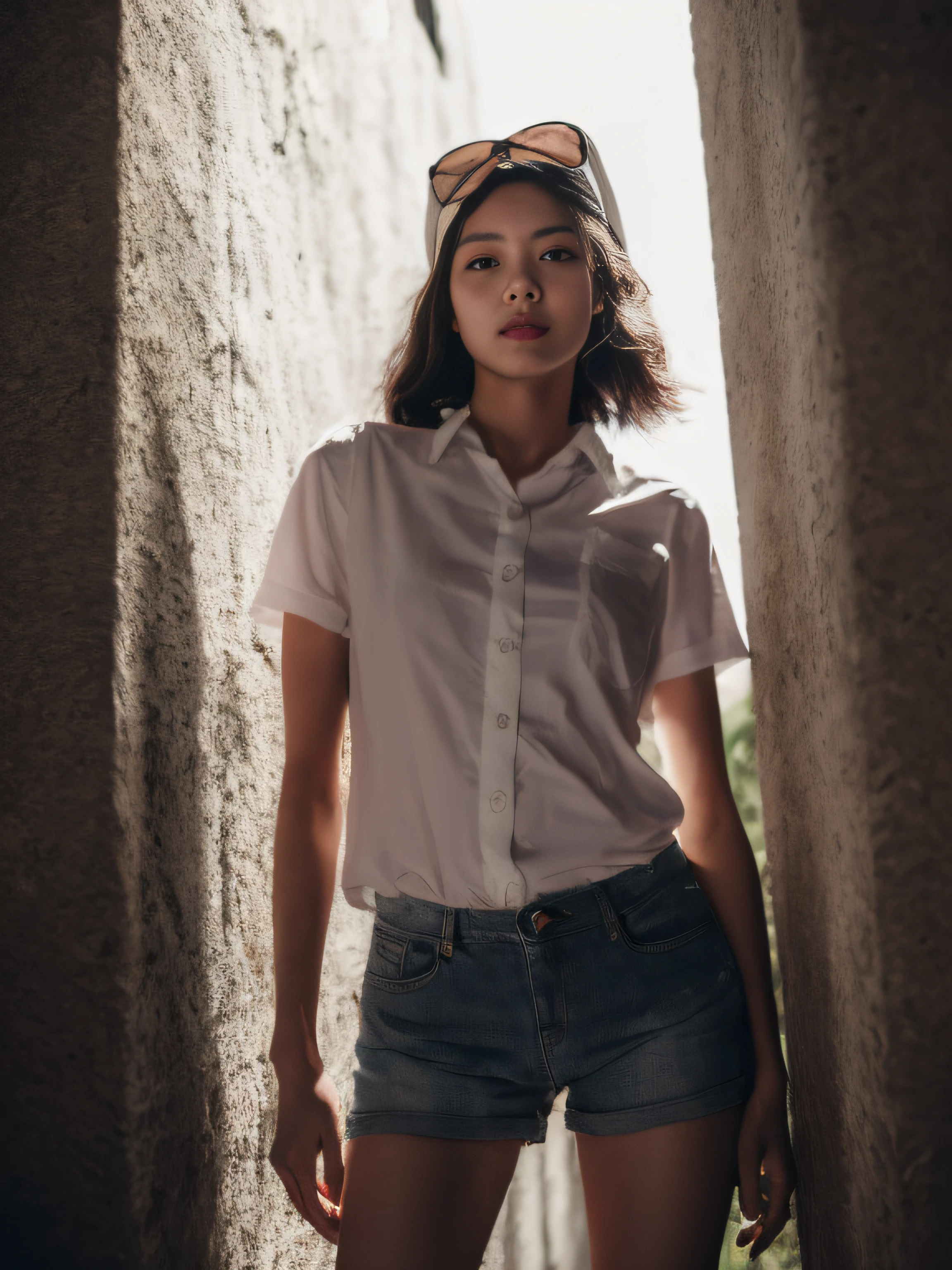 Kim Ji-ni Jennie face, wearing a rabbit headband, wearing a slim white shirt, a short motorcycle vest, tight shorts, gloves, background gray wall, strong contrast, sunlight on the face