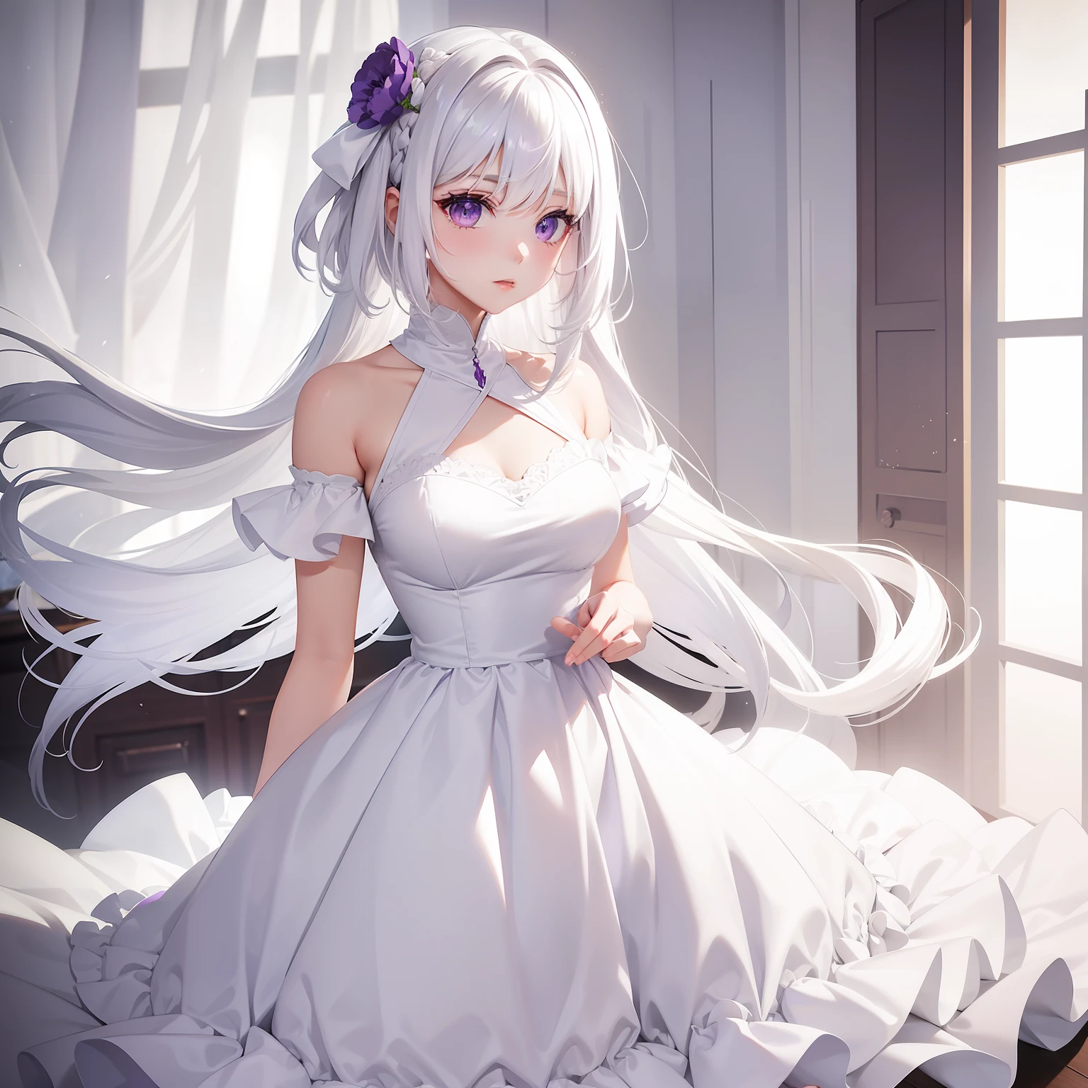 a women, white hair, purple eyes, white dress