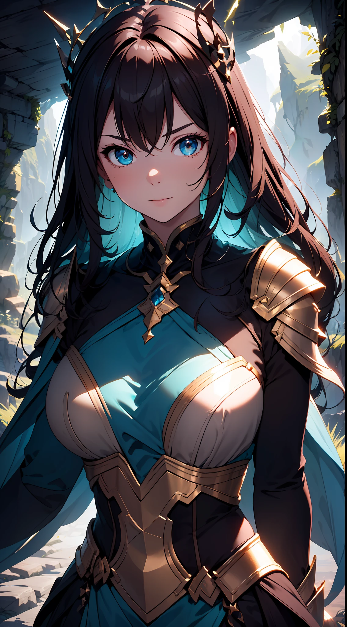 (absurdres, highres, ultra detailed), 1woman, mature female, aged up, wavy long hair, auburn hair, coral eyes, bangs, long sleeves, finely detailed eyes and detailed face, extremely detailed CG unity 8k wallpaper, intricate details, (style-swirlmagic:1.0), looking at viewer, solo, upper body, detailed background, close up, detailed face, (gothic dark ages theme:1.1), crystal sorcerer, dynamic pose, earth themed clothes, crystal crown, floating in the air, glowing magical shards, surrounded by blue magical crystals, rock formations, stalactites, magical floating particles, crystal glass, crystal sphere, crystal canyon background, (shallow water:0.7), epic ethereal atmosphere, updraft,, portrait