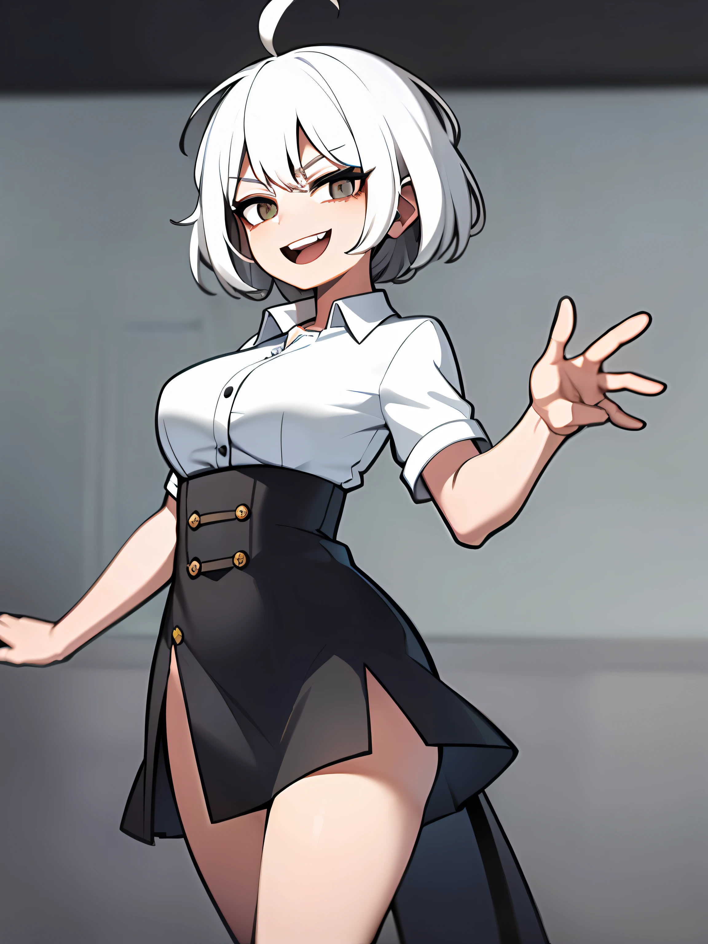 ((masterpiece, best quality)), (1girl), (solo), (female focus), (ahoge, white hair, short hair), black eyes, light smile, open mouth, ((white shirt), (buttoned shirt ), (button slit)), ((black dress), (short skirt)), standing, white background, behind arms, dynamic angle