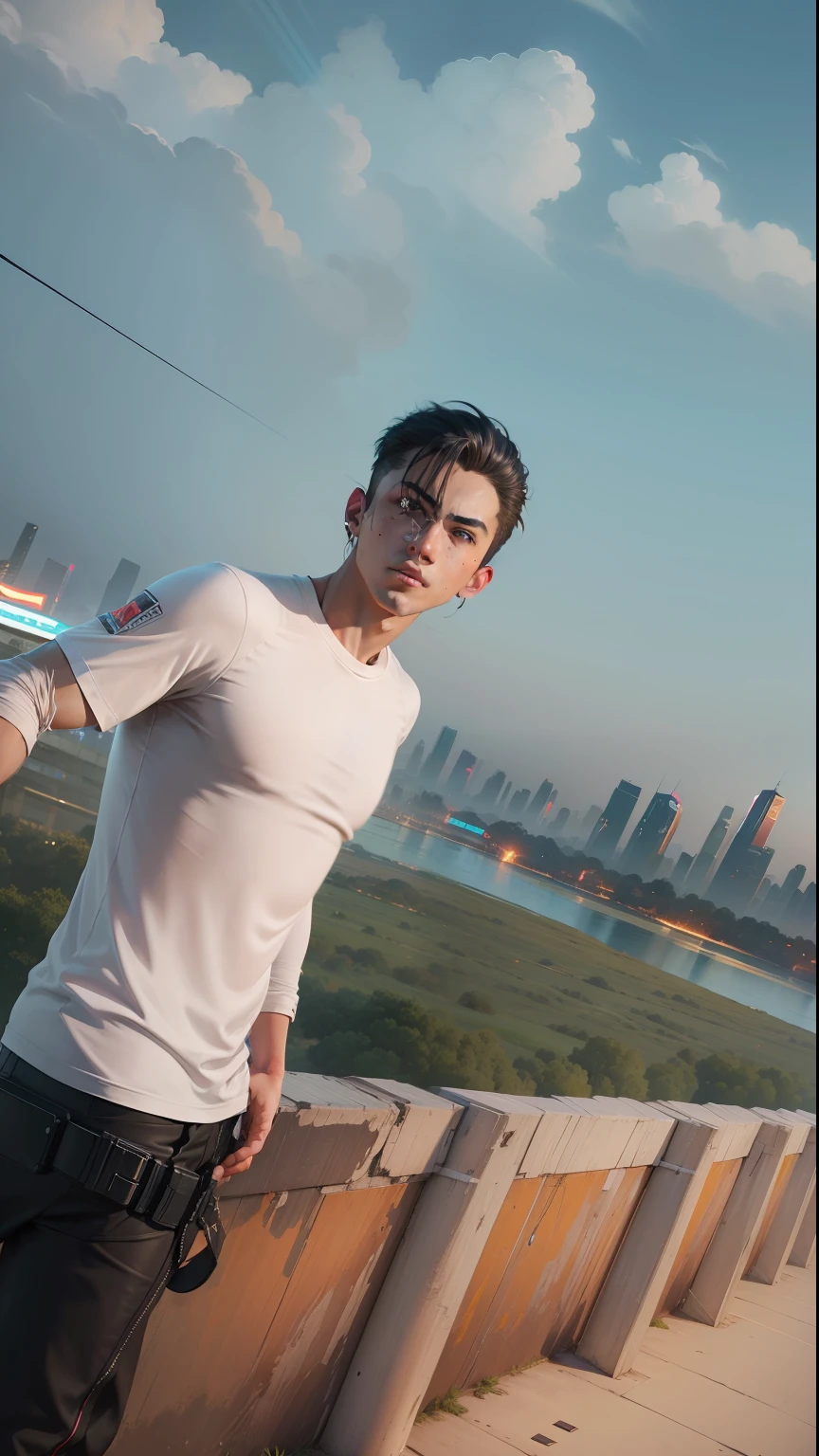 Change the background cyberpunk, realistic handsome boy, super resolution, 8k ultra wallpaper, *no face change (only background and tshirt)