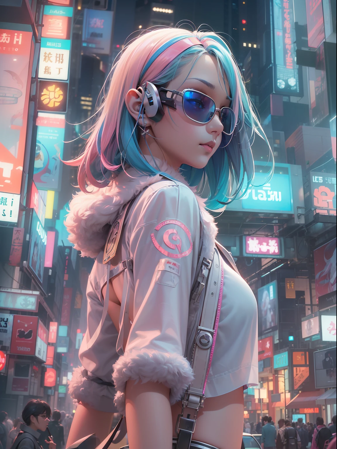 (((​masterpiece)))、(((top-quality)))、((ultra-definition))、(High Definition CG Illustration)、((extremely delicate and beautiful))、City of the Future、Girly World、Cinematic Light、独奏、full body Esbian、cyberpunked、2050s、animesque、dreamy cyberpunk girl、rainbow hair、Chanel、trending on artstationh、Rachel Walker、