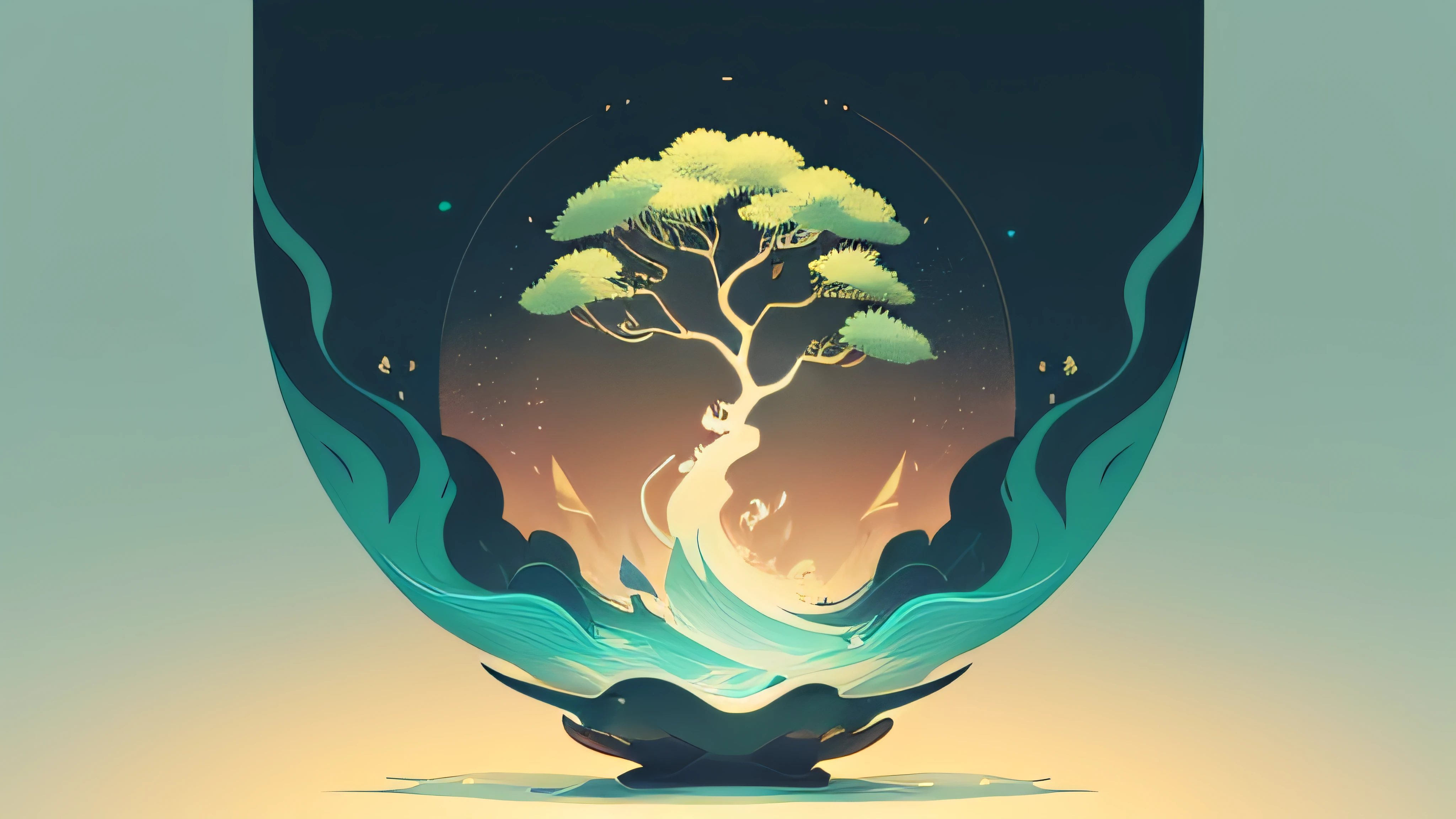 abstract paintings、(Zen Buddhism、Amy Sol Style)、(夏天)、(Green Tree、Bellflower blossom、rivulets)、Light abstraction cover art、Simple vector art、Contemporary Chinese art、Color gradient、Soft color palette、Layered Forms、Whimsical animation、Style Ether Abstract