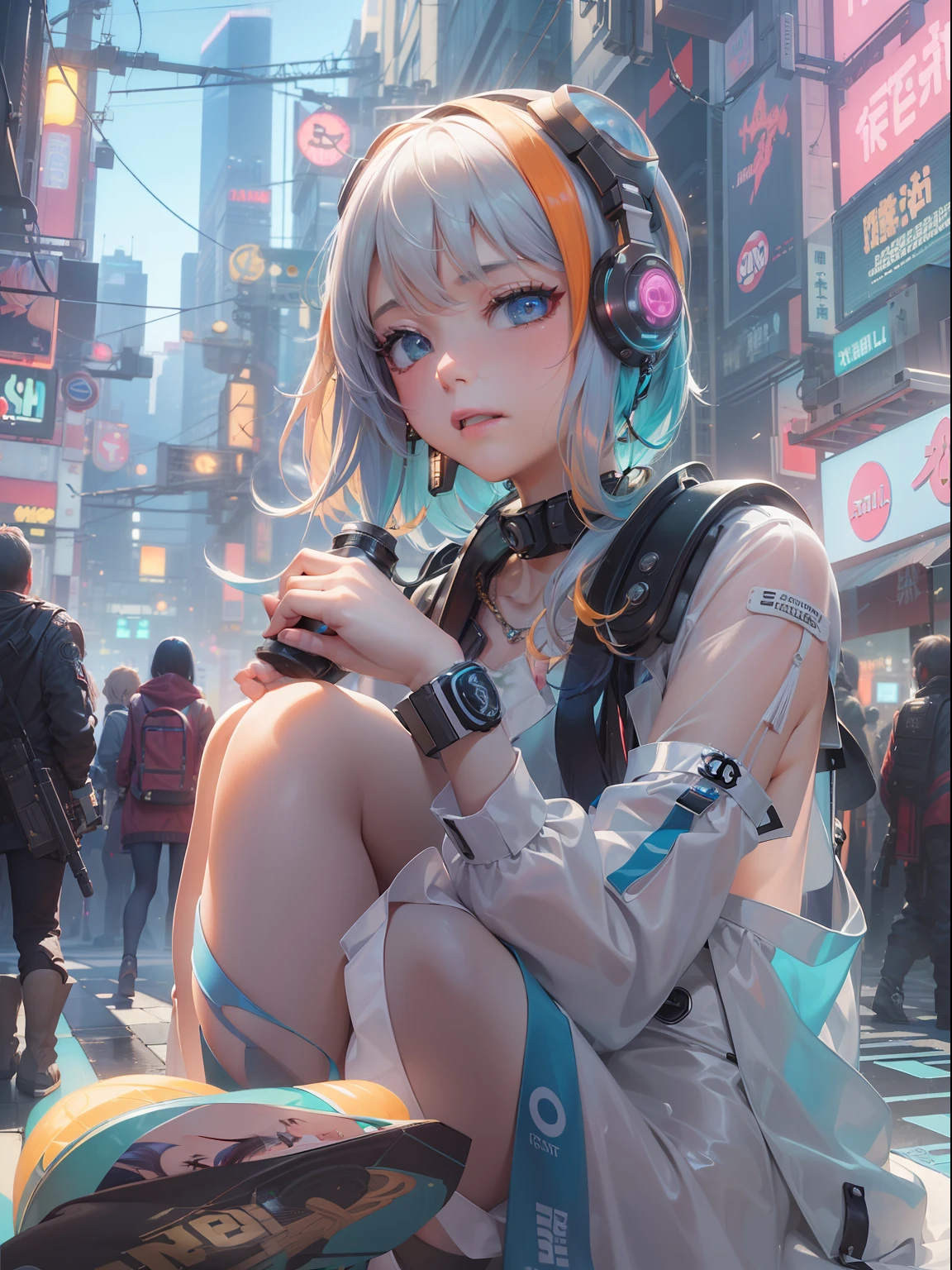 (((masterpiece)))、(((top-quality)))、((ultra-definition))、(High Definition CG Illustration)、((extremely delicate and beautiful))、City of the Future、Girly World、Cinematic Light、独奏、full body Esbian、cyberpunked、2050s、animesque、dreamy cyberpunk girl、rainbow hair、Chanel、trending on artstationh、Rachel Walker、