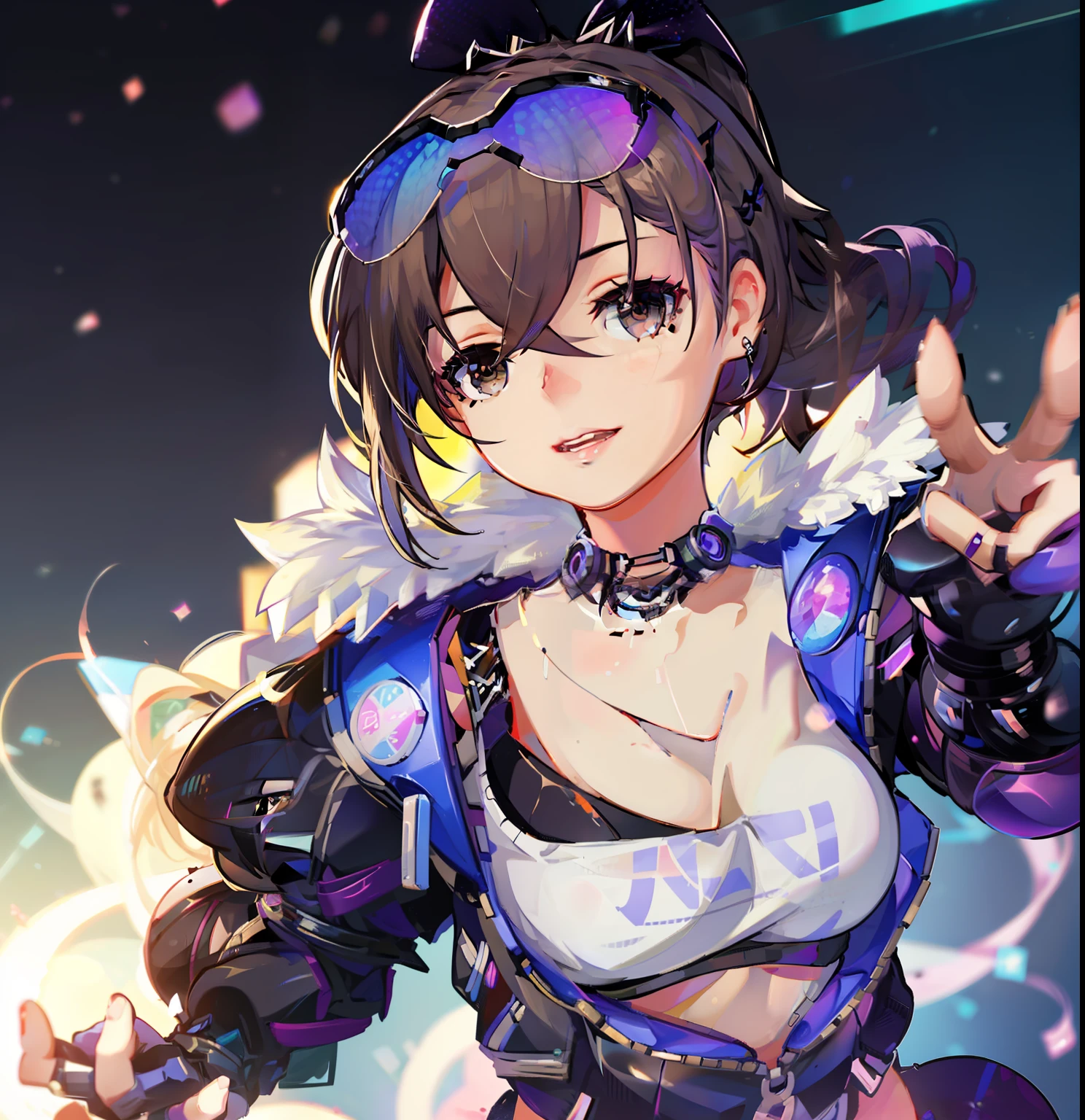best quality, photorealistic, masterpiece, 8k, high res, solo, 1girl, (((woman))), (medium breast), ((looking at the viewer)), (looking at the camera), boy friend view, (short hair), ponytail, (professional lighting, bokeh), extremely detailed face,  fashionable and trendy atmosphere, taiwan, park, ((daytime)), (blouse :1.5), dress,   (portrait:0.6), seductive smile,  gorgeous, floating hair, (light particles, lens flare, glowing particles:0.6), (dynamic pose:1.1), soft lighting, brown hair,  (model figure:1), standing,  (obvious mole under eye:1.2), (smile folds:0.8), (mature face:1), teeth, narrow face,