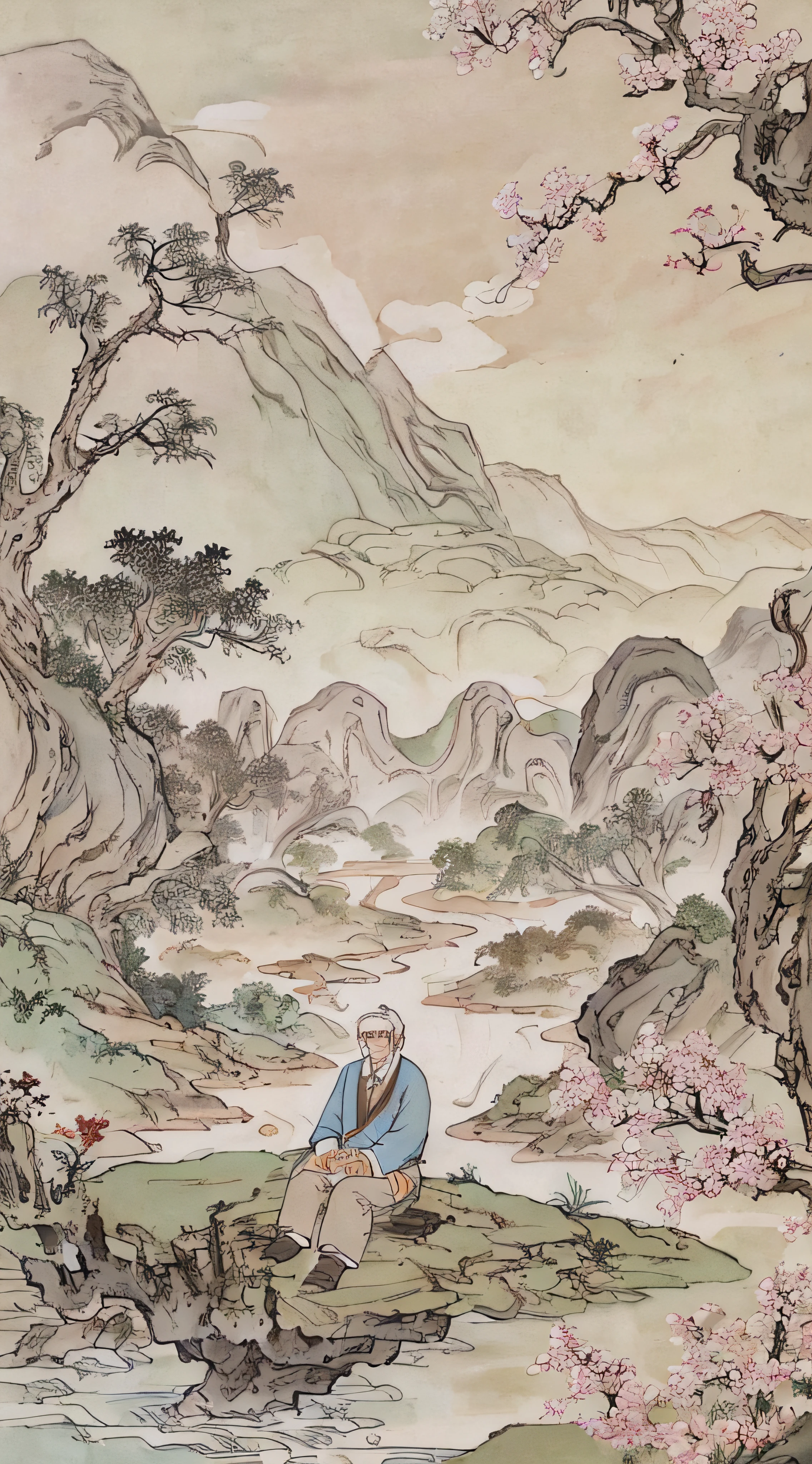 chinese painting, mountain, rock, flower, grass, river, tree, mountain in the distance, (sitting old man), (walking farmer), vanishing point, 35mm, UHD, masterpiece, ccurate, high detail, award-winning, best quality, 4K