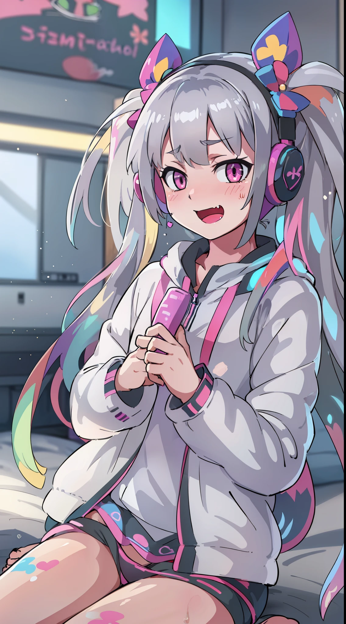 hiquality, tmasterpiece (One Loli Girl) streamer, Headphones with microphone on the head, Gray hair with iridescent strands, with two long ponytails and dark bows on the tails, pink eyes, one eye covered, Cute smile with open mouth and fang, White jacket with rainbow patterns, panty, bare feet. In the background of the room