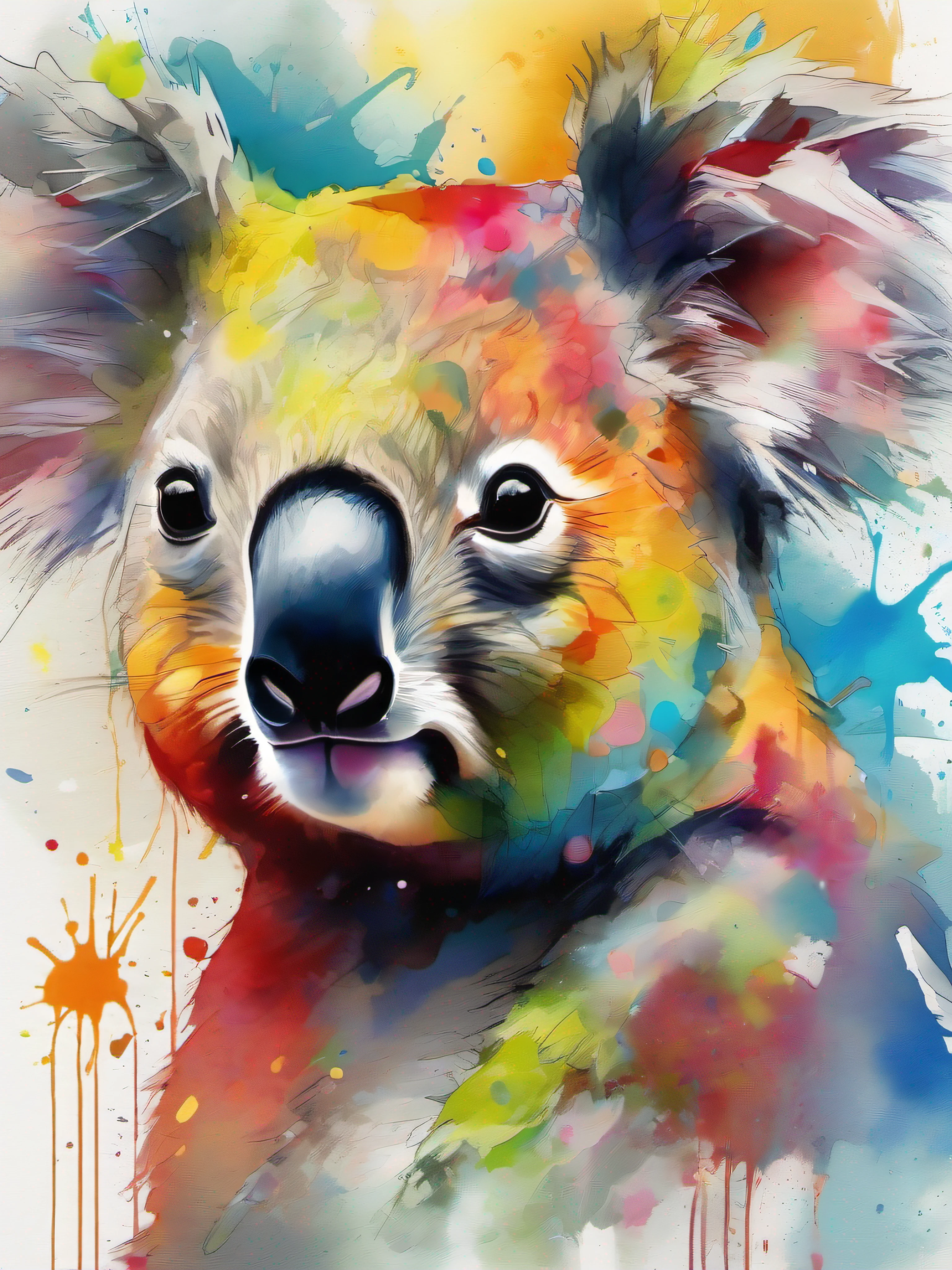 Draw a koala with colorful ink on its face, archan nair, painted in bright water colors, animal drawing, vibrant watercolor painting, painting of cute dog, Stunning artwork, Surrealism with bright colors, plethora of colors，detail-rich, lovely digital painting, Amazing, digital art animal photo, colorful art, art of alessandro pautasso, watercolor detailed art
