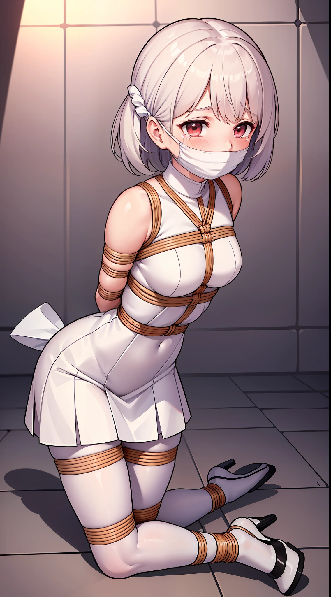 masterpiece, best quality,solo,((boy)),(()), ((blush)), ((tears)), ((shy)),((white dress)), ((high heels)), ((white pantyhose)),((arms_behind_back)),((((bondage)))),((((shibari)))),((mouthmask)),