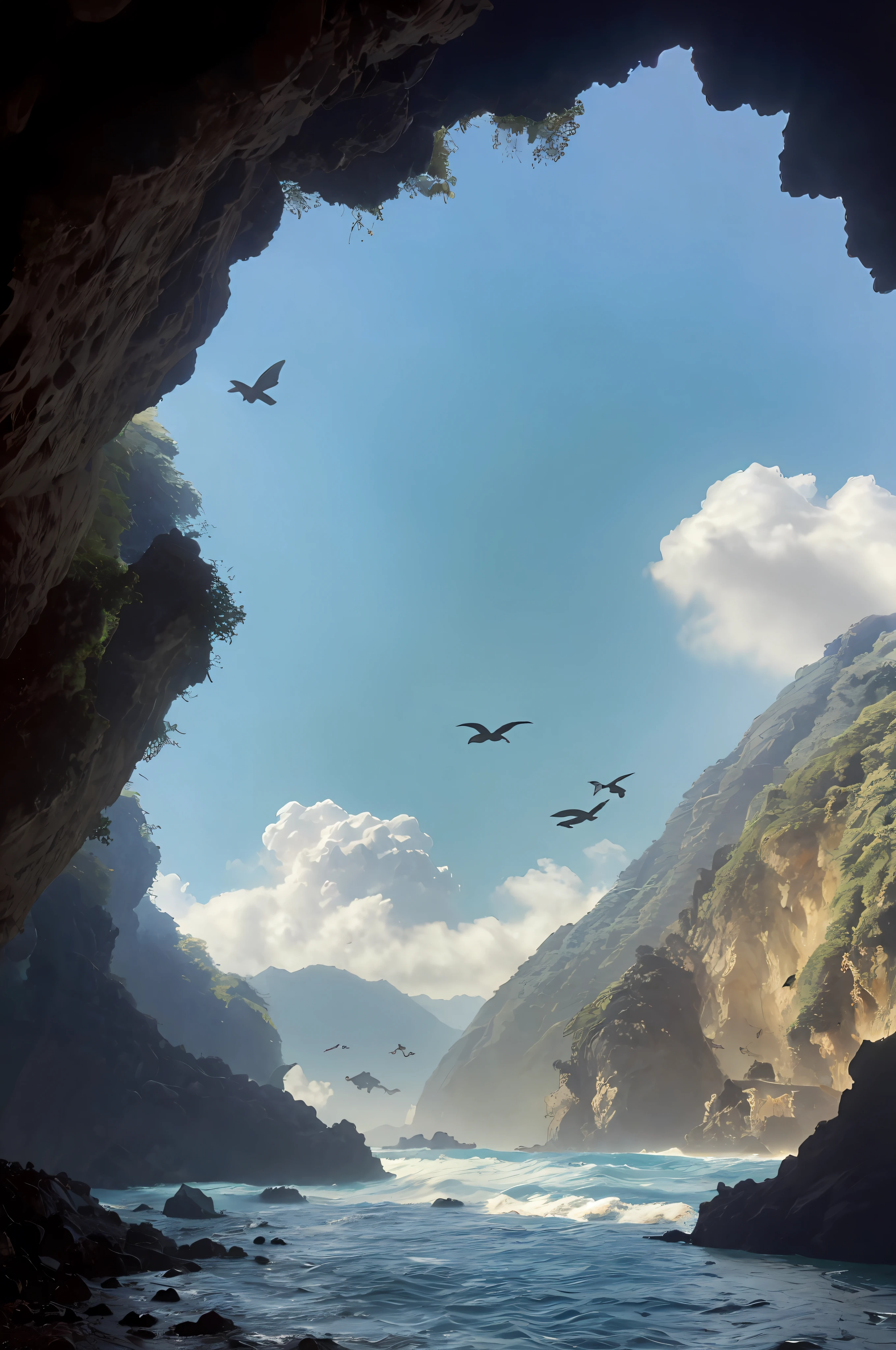 In cave over the sea, outside look, wave, mountain, plants and trees, bluesky, cloud, realistic, birds, (8k, masterpieces), ( best quality:1.4), (high quality:1.4), (hi res.), (extremely full detail),