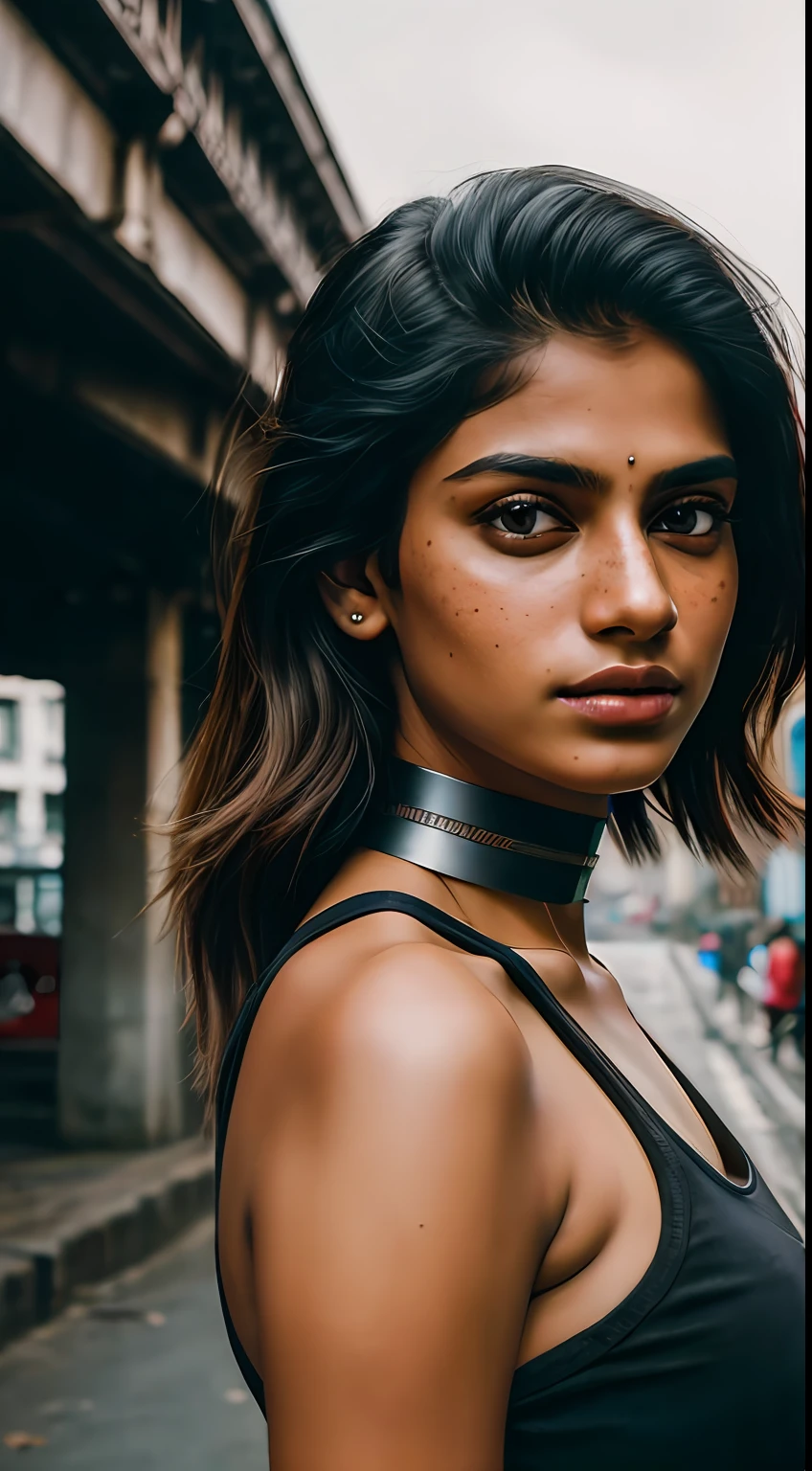 (8k, RAW photos, best image quality, masterpieces, : 1.2), (realistic, photorealistic: 1.37),photo, rule of thirds, dramatic lighting, medium hair, detailed face, detailed nose, bengali girl wearing crop top, jeans, freckles, collar or choker, smirk, Kolkata streets, howrah bridge background , Kolkata, realism, realistic, raw, analog, woman, photorealistic, analog, realism,