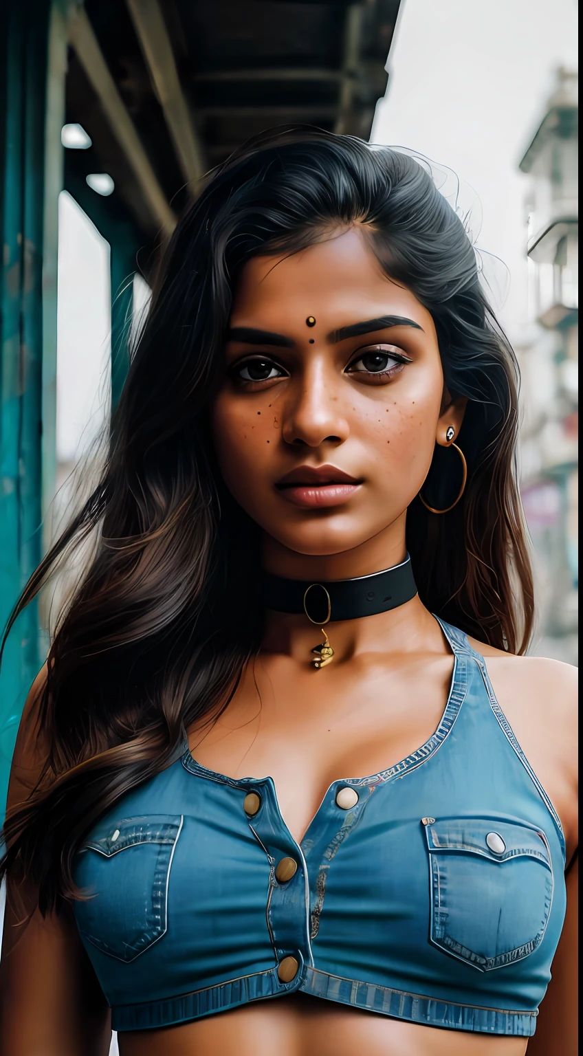 (8k, RAW photos, best image quality, masterpieces, : 1.2), (realistic, photorealistic: 1.37),photo, rule of thirds, dramatic lighting, medium hair, detailed face, detailed nose, bengali girl wearing crop top, jeans, freckles, collar or choker, smirk, Kolkata streets, howrah bridge background , Kolkata, realism, realistic, raw, analog, woman, photorealistic, analog, realism,