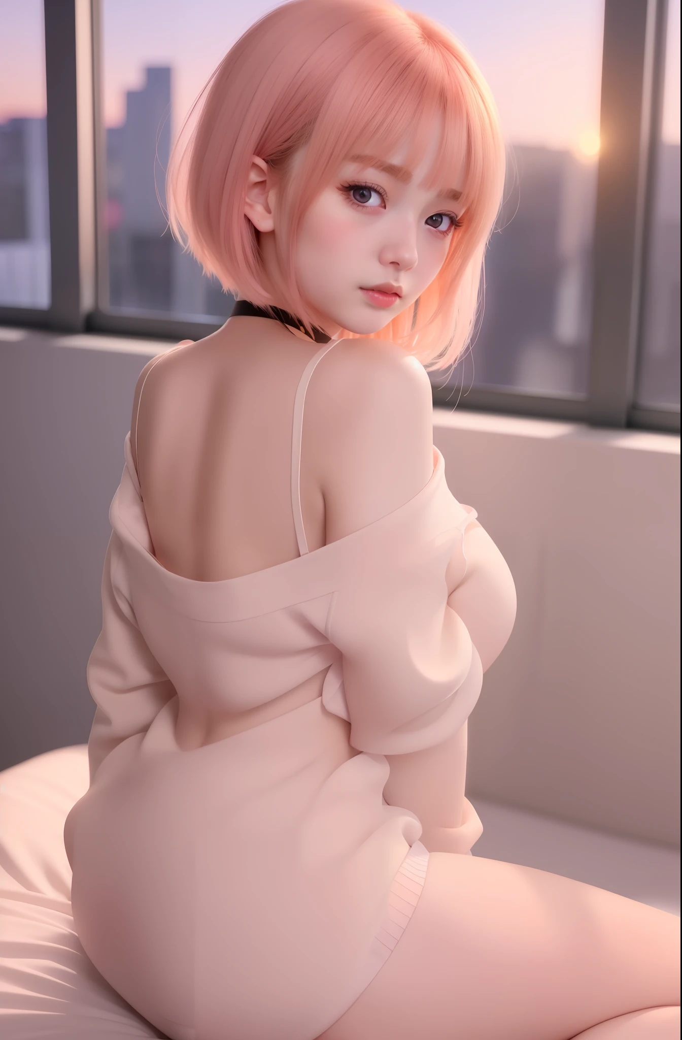 anime girl sitting on a bed looking out a window, seductive anime girl, attractive anime girl, ilya kuvshinov. 4 k, beautiful anime girl, anime style 4 k, an anime girl, anime girl, anime moe artstyle, beautiful anime girl squatting, pretty anime girl, cute anime girl, young anime girl, (anime girl), guweiz, loving expression, blushing, blue eyes, sunset, big breast, heart choker, off shoulder, cleavage, beautiful asian young girl, attractive pose, asian girl, best quality, masterpiece, high_res, 1girl, hair ornament, upon body, tyndall effect, photo realistic, rim lighting, two tone lighting, (high detailed skin:1.2), 8k uhd, dslr, soft lighting, high quality, volumetric lighting, candid, Photograph, high resolution, 4k, 8k, off shoulder sweater