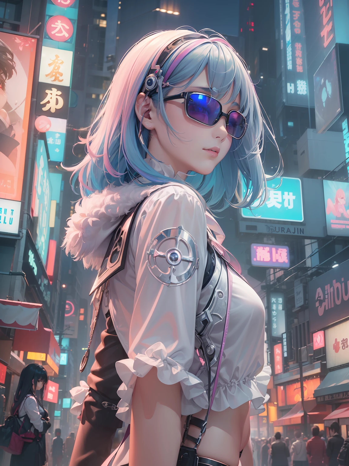 (((masterpiece)))、(((top-quality)))、((ultra-definition))、(High Definition CG Illustration)、((extremely delicate and beautiful))、City of the Future、Girly World、Cinematic Light、独奏、full body Esbian、cyberpunked、2050s、animesque、dreamy cyberpunk girl、rainbow hair、Chanel、trending on artstationh、Rachel Walker、