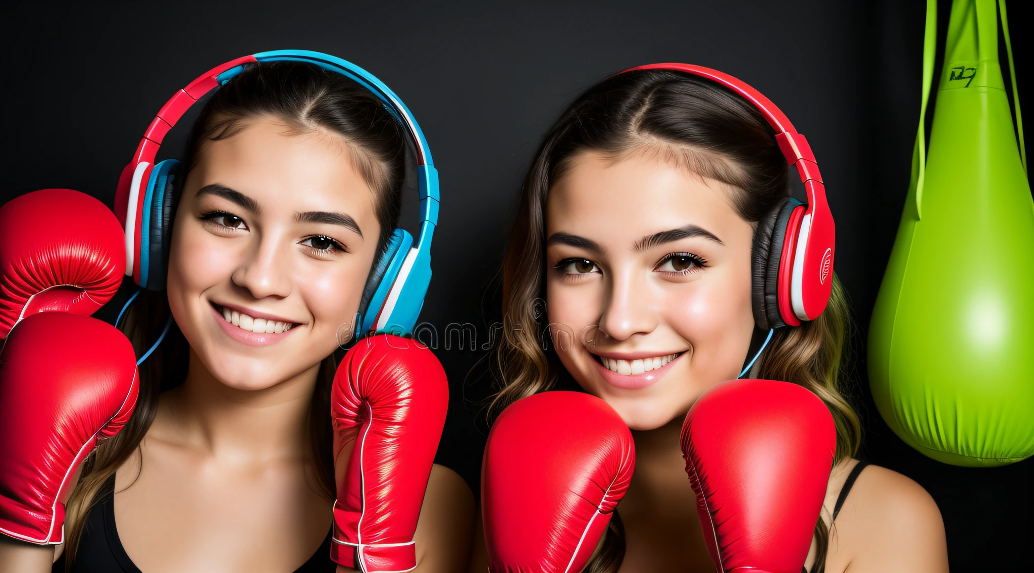 BLONDE KIDS GIRL, wearing headphones and boxing gloves with hands in the air, menina usando fones de ouvido, Foto retrato, retrato de alta qualidade, advertising photo, Arte Oficial, em um ringue de boxe, usando fones de ouvido roxos, Foto retrato detalhada, com fones de ouvido, Foto retrato em close-up, retrato da menina de glowwave