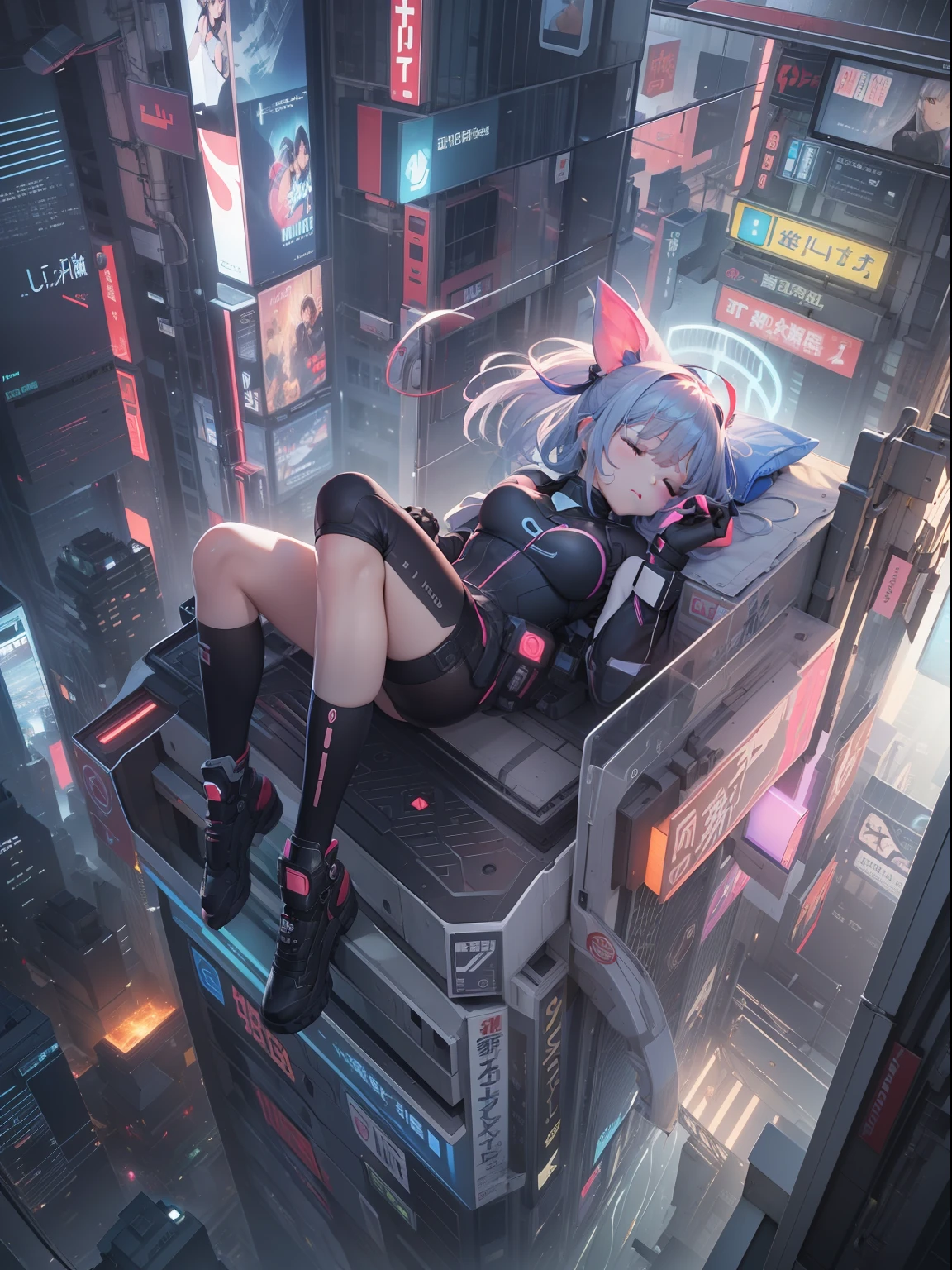 (((masterpiece)))、(((top-quality)))、((ultra-definition))、(High Definition CG Illustration)、((extremely delicate and beautiful))、City of the Future、Sleeping、s asleep、Sleeping Girl、Cinematic Light、独奏、full body Esbian、cyberpunked、2040s、animesque、cyber punk Girl、rainbow hair、trending on artstationh、Rachel Walker、