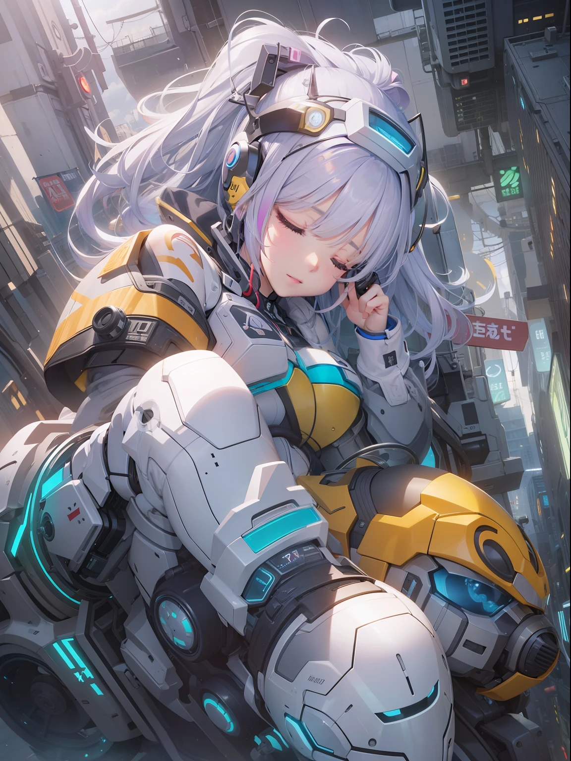 (((masterpiece)))、(((top-quality)))、((ultra-definition))、(High Definition CG Illustration)、((extremely delicate and beautiful))、City of the Future、Sleeping、s asleep、Sleeping Girl、Cinematic Light、独奏、full body Esbian、cyberpunked、2040s、animesque、cyber punk Girl、rainbow hair、trending on artstationh、Rachel Walker、