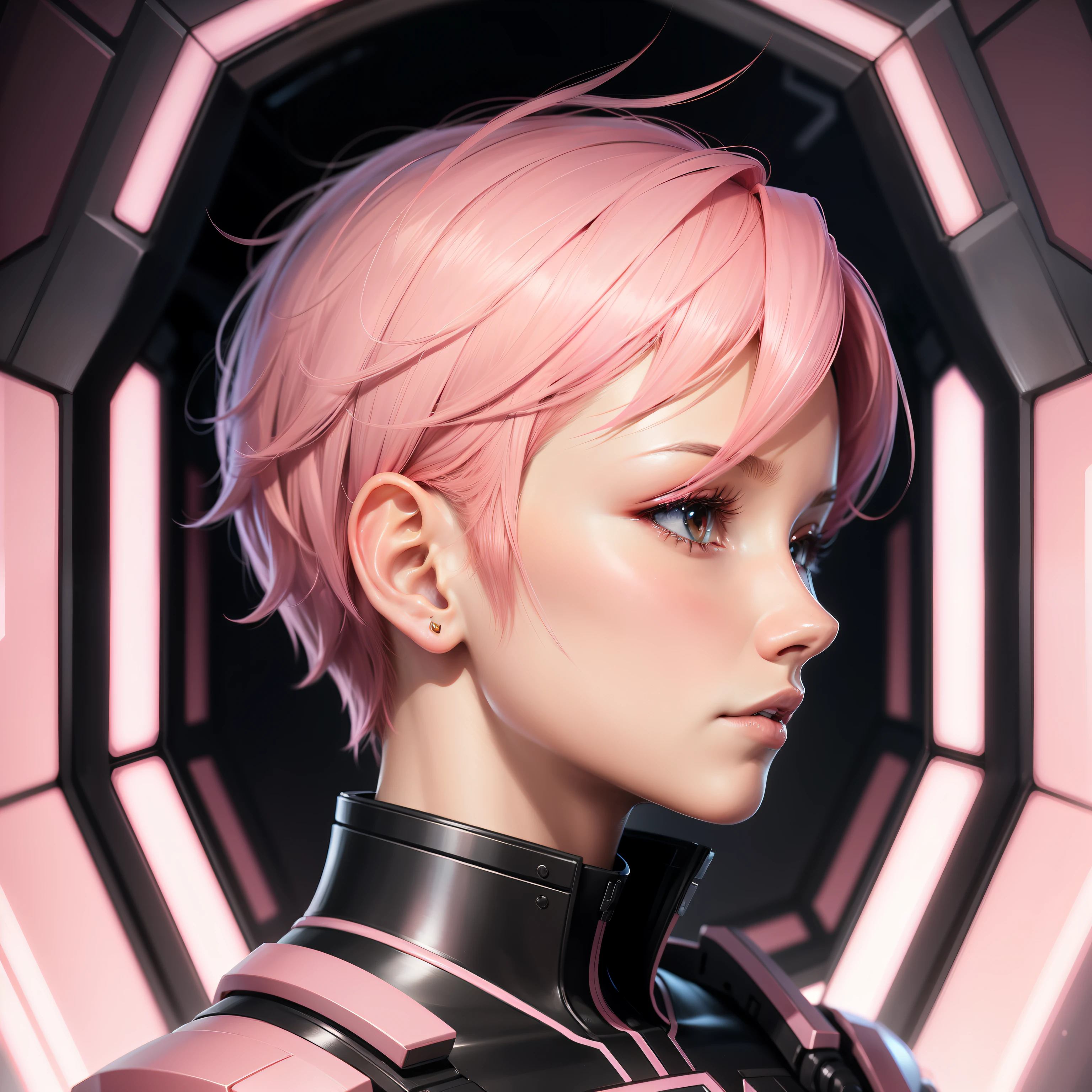 Profile half body pink short hair man closeup Sci-Fi cute Anime Japan 2d Sharp focus 16k resolution Very sharp, Hyper detailed, 8k, Hyper realistic detail