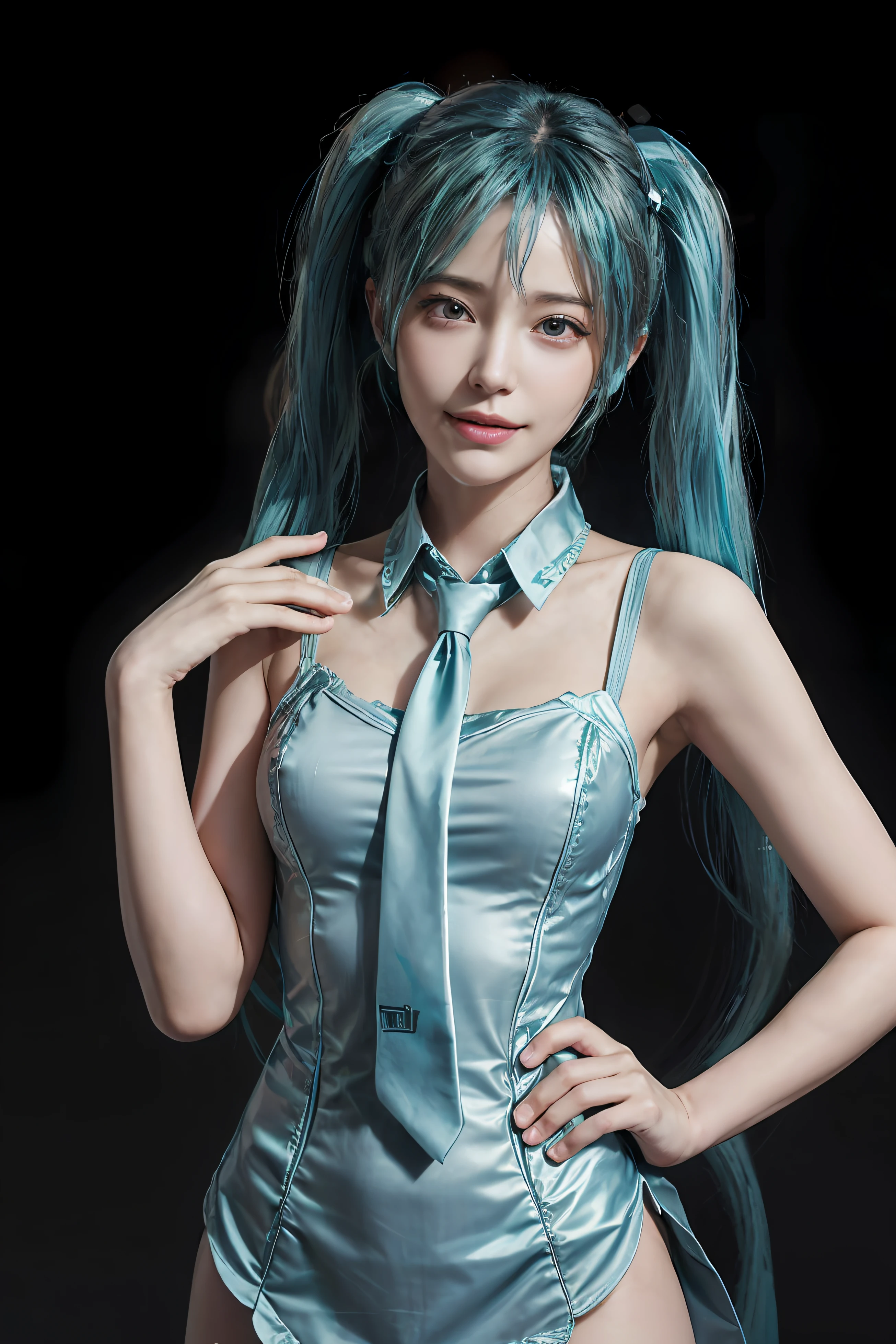 (front focus), keyword: 1girl in photoshoot, (((hatsune miku))), (in the dark:1.6), Hyperrealist portrait, fantasy art, photo realistic, dynamic lighting, poster, bokeh, volumetric lighting, very detailed faces, 8k, award winning, 1girl, 25 years old girl, deep shadow, low key, long twin tail hair with pony, hair ornament, bright tosca hair and eye color (((strong color))), big breast, round breast, nacklaces , full body, big smile (open mouth), wet skin, Highly detailed face and skin texture, Detailed eyes, Realistic eyes, Beautiful detailed eyes, (Realistic skin), (((hatsune miku outfit)))