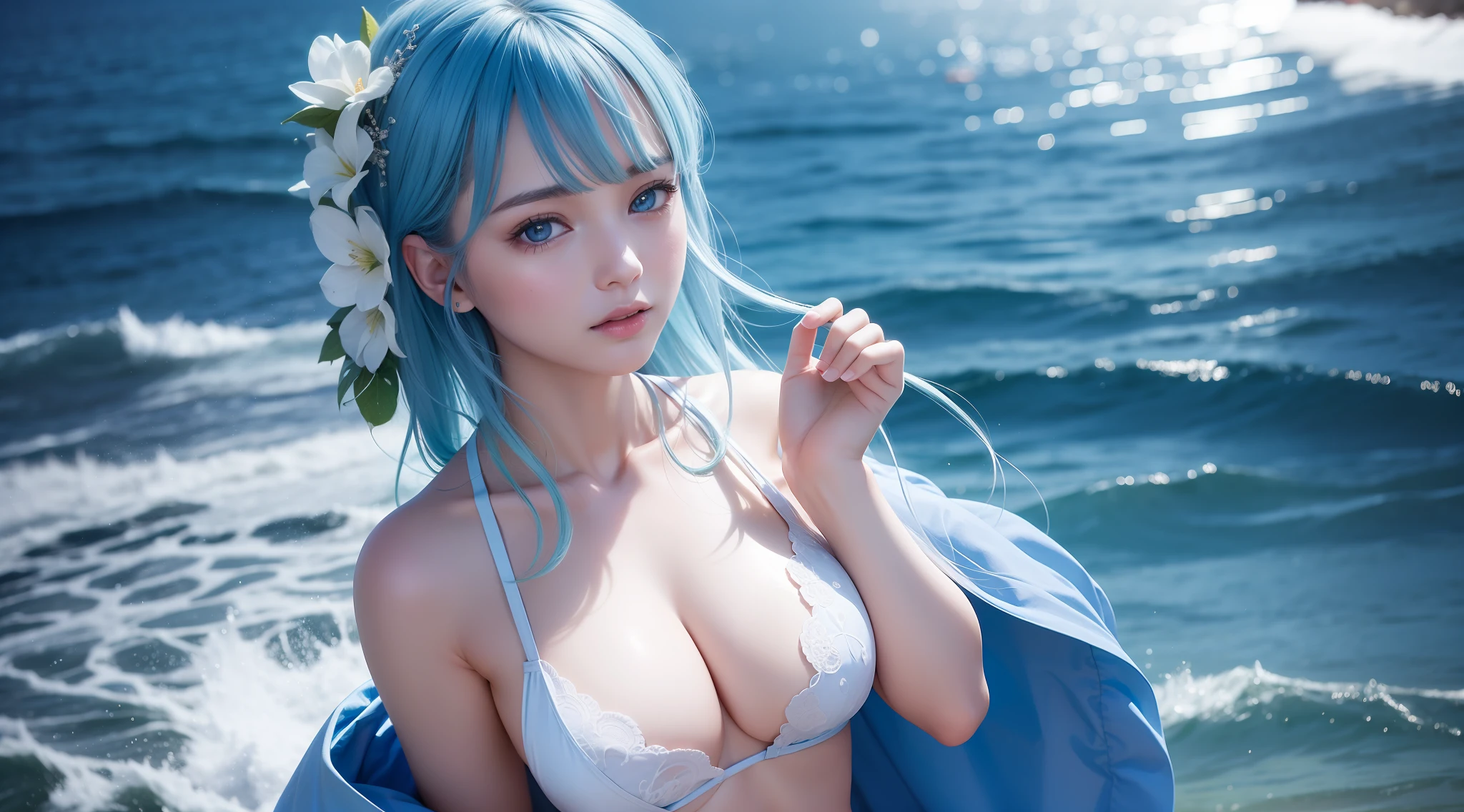 highest quality, masterpiece, details everything, solo, high_res,1 beautiful girl, light blue hair, standard body, center, hair makeup, pretty face, light makeup, Tyndall effect, photo realistic, dark studio, daylight, clear, inshore sea, hawaiian coast, clear blue sea, wet shadow body, (high detail skin: 1.2), 8k uhd, dslr, light studio, high quality, photo, high resolution, 8k, bokeh.