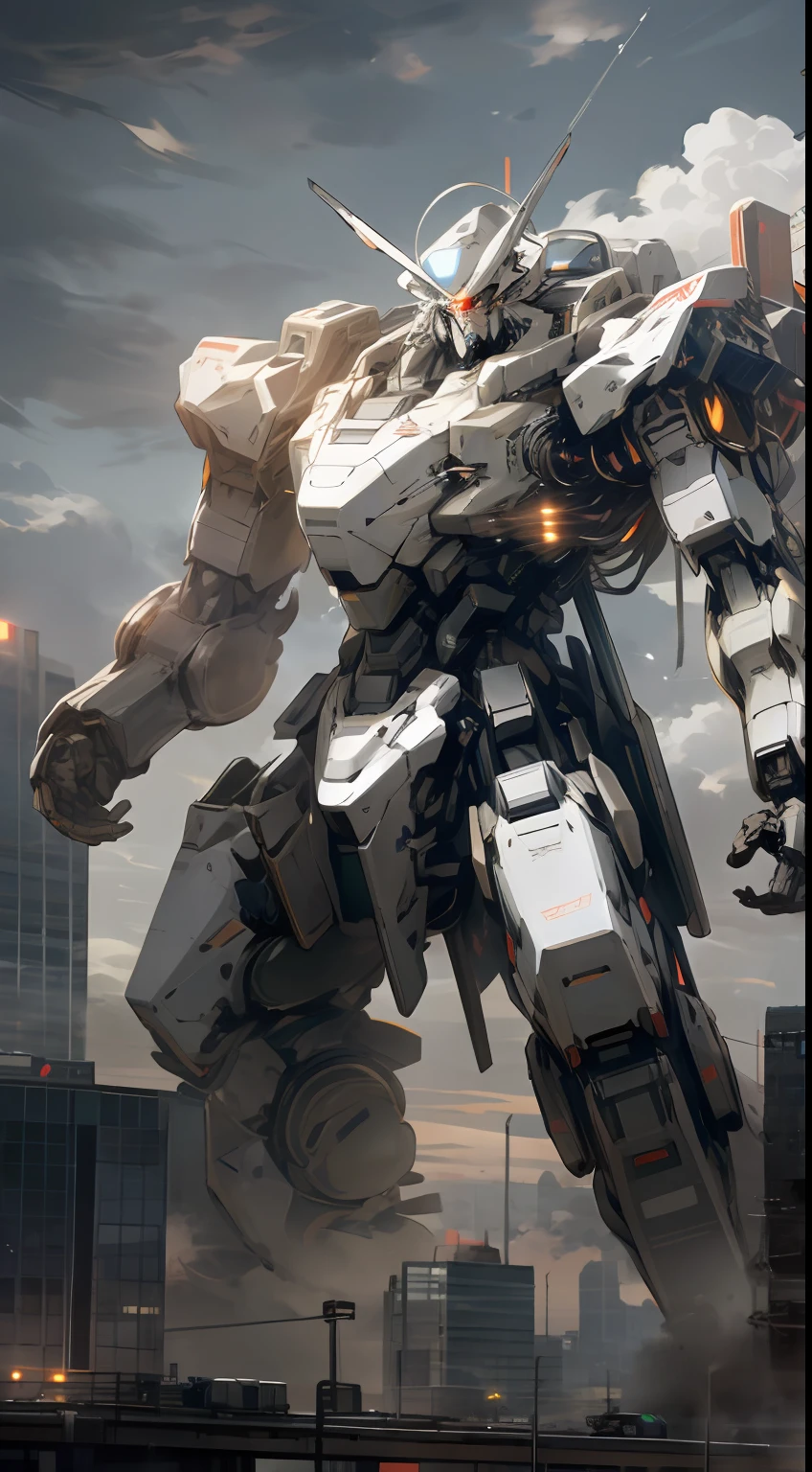 sky, cloud, holding_weapon, no_humans, glowing, , robot, building, glowing_eyes, mecha, science_fiction, city, realistic,mecha
