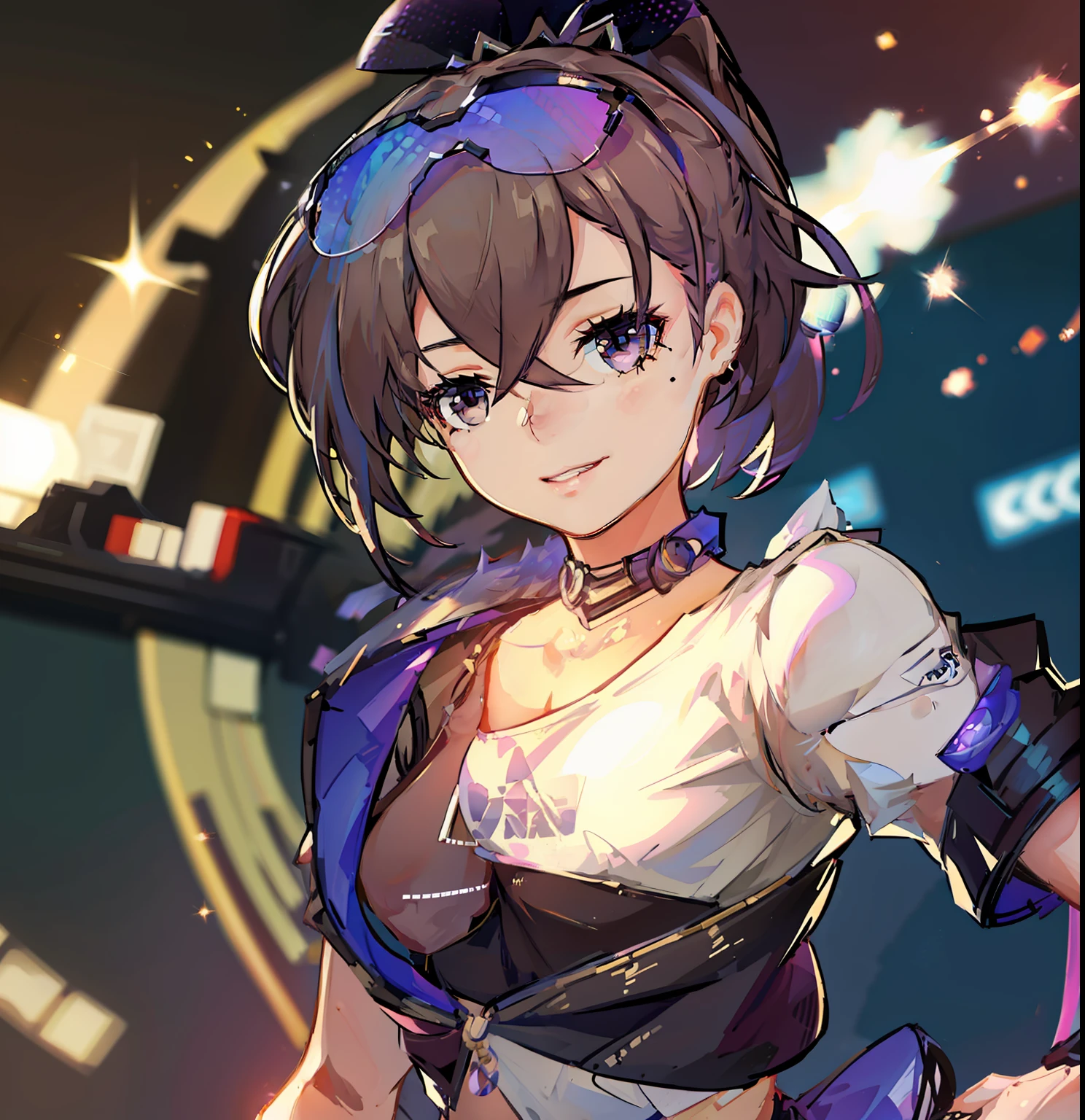 best quality, photorealistic, masterpiece, 8k, high res, solo, 1girl, (((woman))), (medium breast), ((looking at the viewer)), (looking at the camera), boy friend view, (short hair), ponytail, (professional lighting, bokeh), extremely detailed face,  fashionable and trendy atmosphere, taiwan, park, ((daytime)), (blouse :1.5), dress,   (portrait:0.6), seductive smile,  gorgeous, floating hair, (light particles, lens flare, glowing particles:0.6), (dynamic pose:1.1), soft lighting, brown hair,  (model figure:1), standing,  (obvious mole under eye:1.2), (smile folds:0.8), (mature face:1), teeth, narrow face,