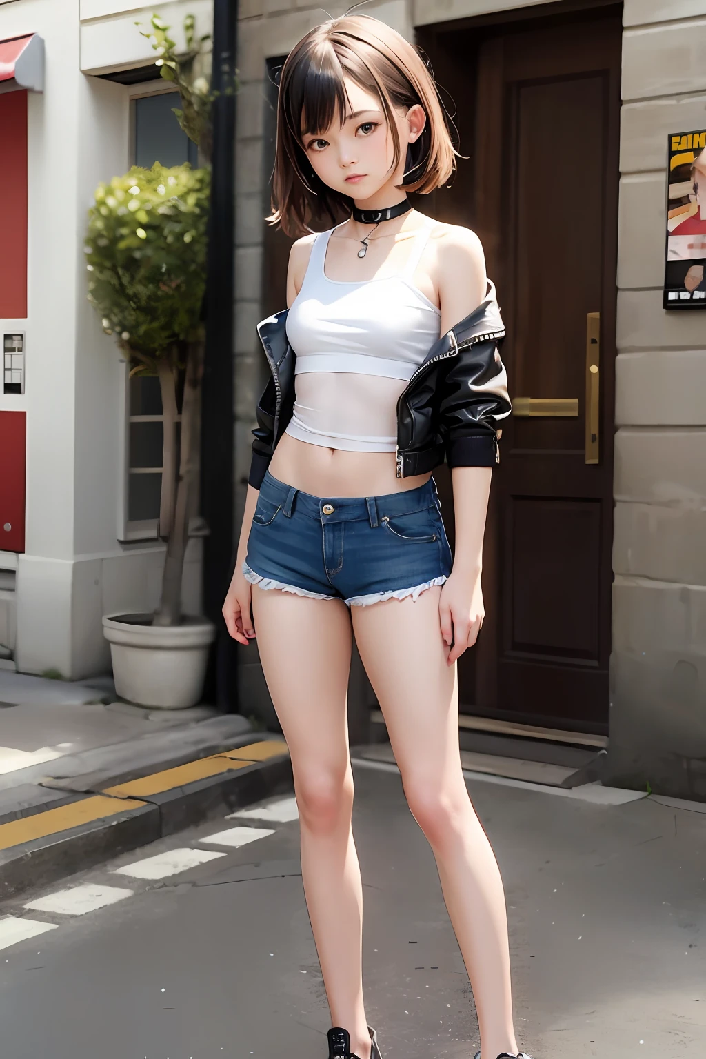 ((medium breast, tomboy girls, small head)),  (chiseled abs : 1.1), (perfect body : 1.1), (short wavy hair : 1.2) , auburn hair, collar, chain, full body shot, crowded street, wearing black tanktop, jeans jacket, ((shorts)), (extremely detailed CG 8k wallpaper), (an extremely delicate and beautiful), (masterpiece), (best quality:1.0), (ultra highres:1.0)