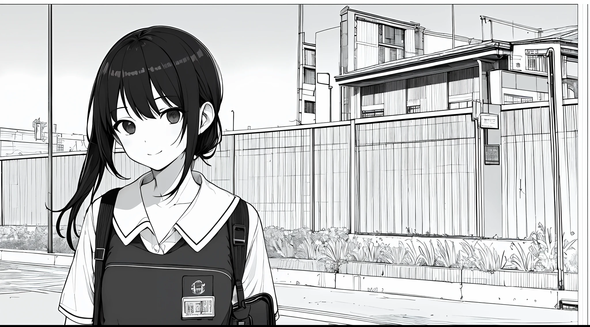masterpiece, top-quality, (1girl in), 校服, A slight smil, a school bag, A dark-haired, Black eyes, cyberpunked, a street, monochromes, line-drawing