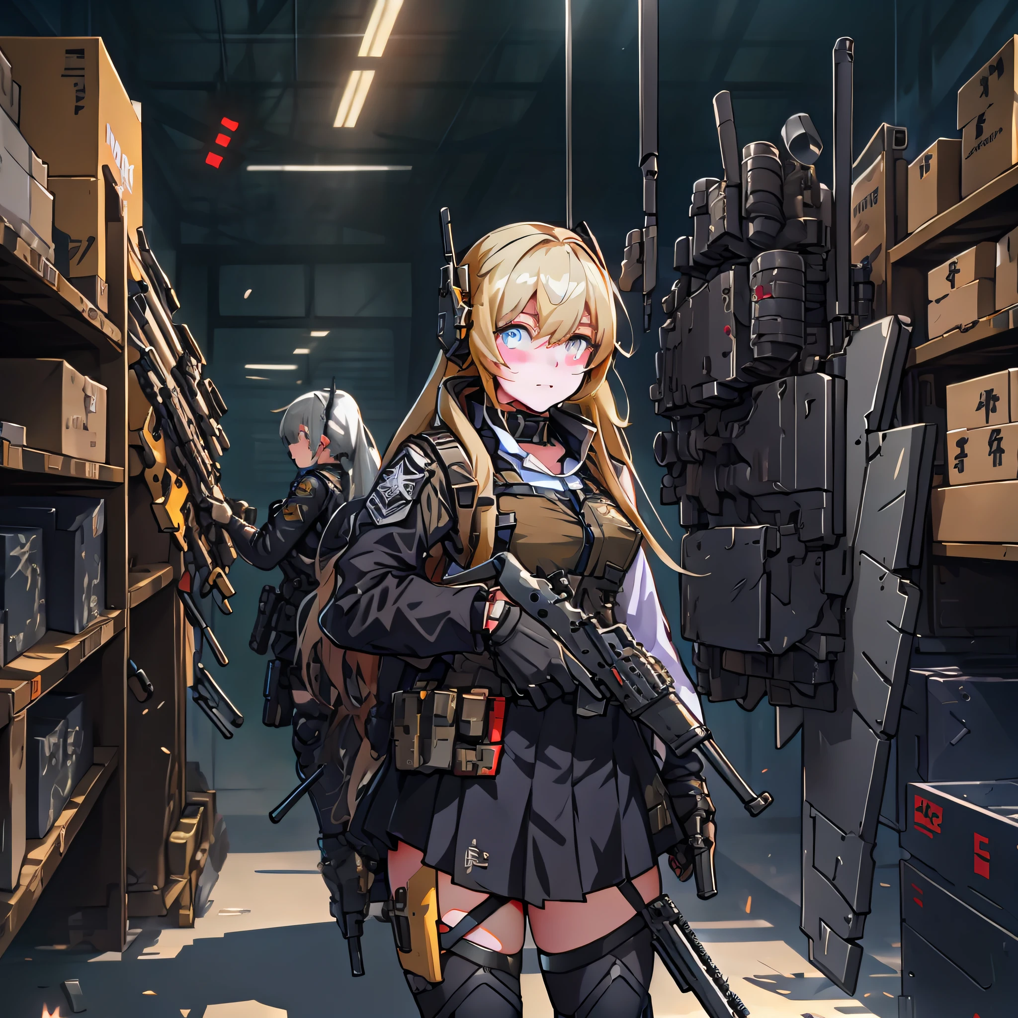 Anime girl with gun and angel wings in warehouse, mechanized valkyrie girl, from girls frontline, M4 Sopmod II Girls Frontline, Fine details. girls' frontline, Trending on ArtStation pixiv, high detailed official artwork, girls frontline style, official artwork, girls frontline cg, Mechanized soldier girl, girls frontline universe, girls' frontline
