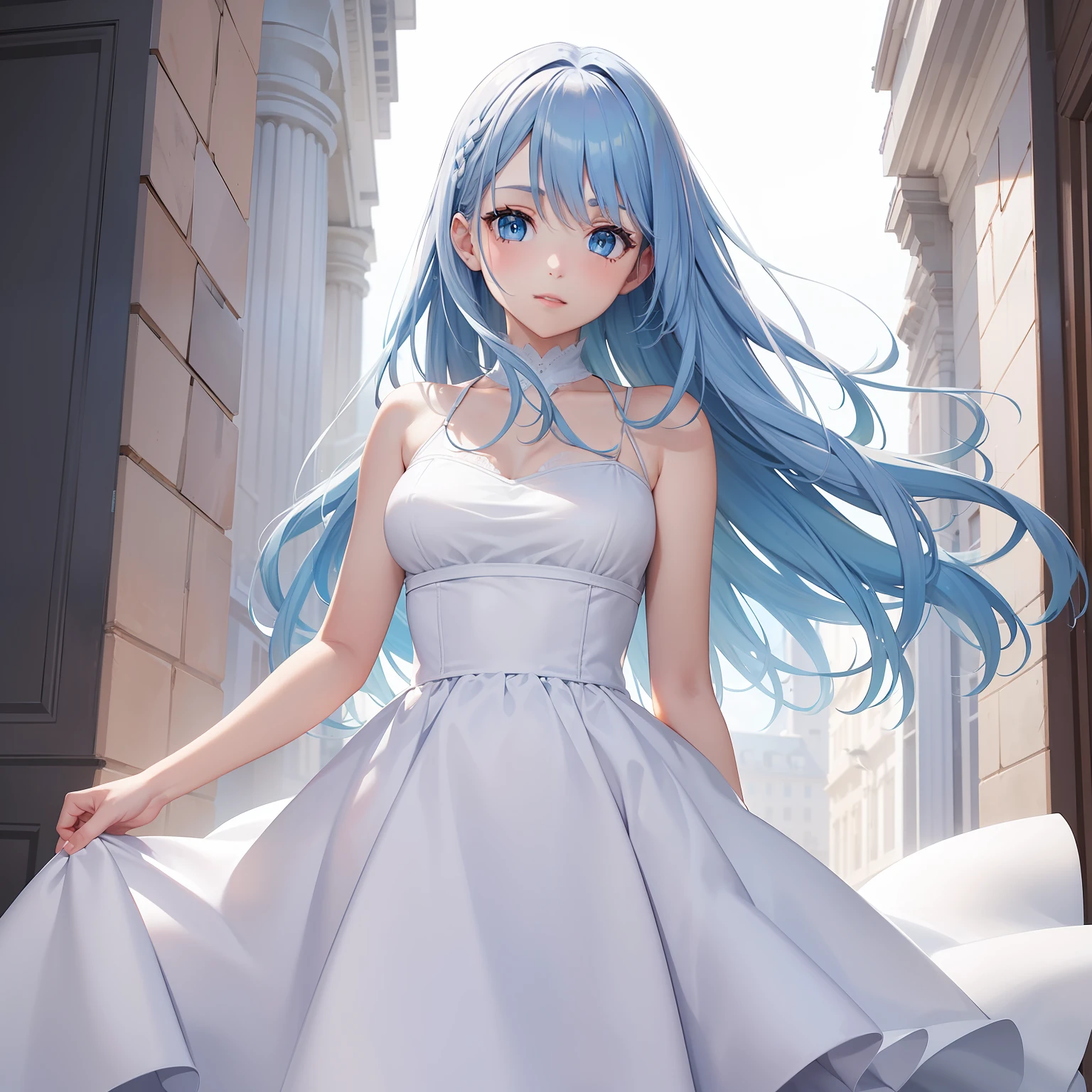 a women, blue hair, blue eyes, white dress