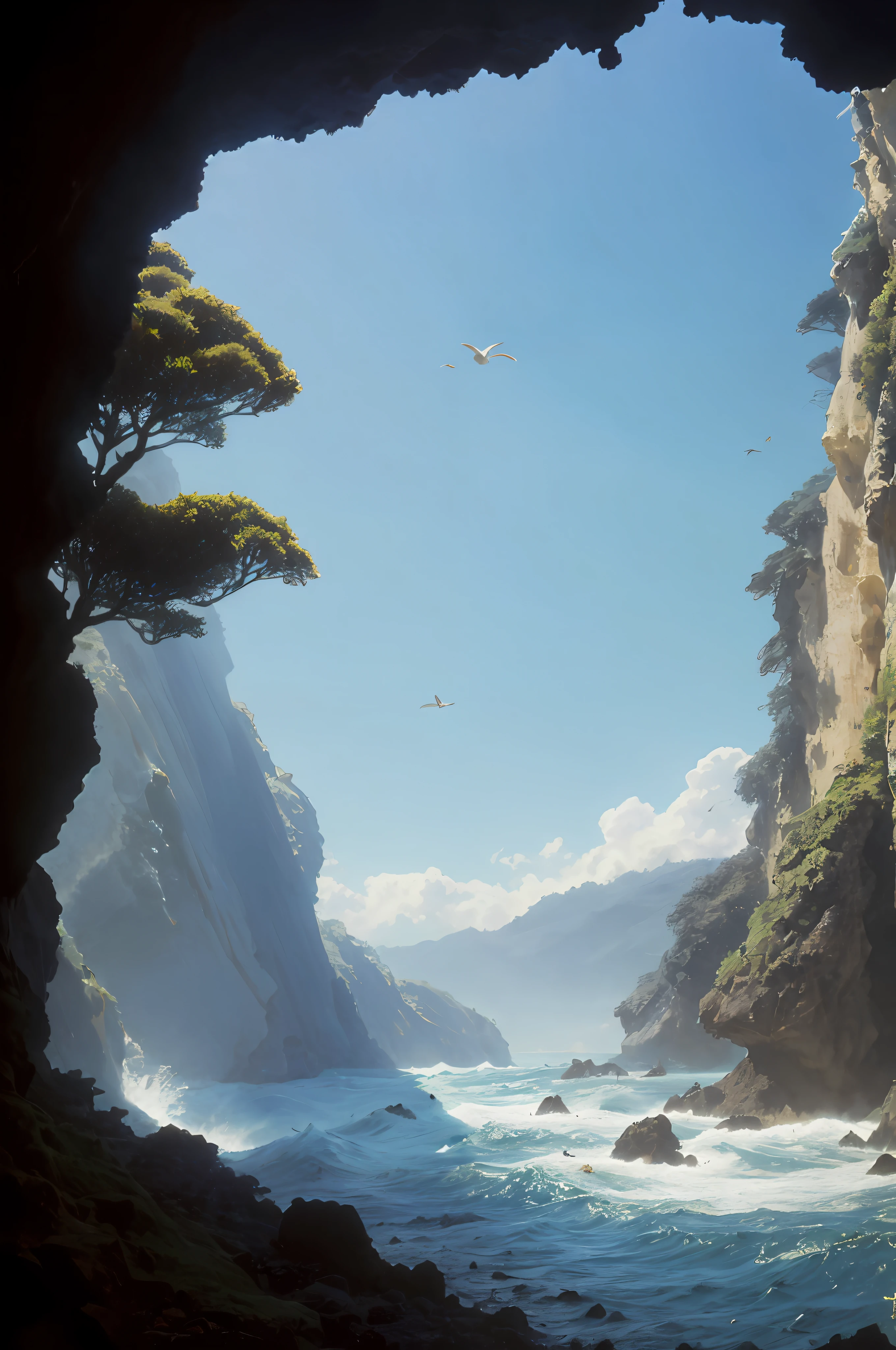 In cave over the sea, outside look, wave, mountain, plants and trees, bluesky, cloud, realistic, birds, (8k, masterpieces), ( best quality:1.4), (high quality:1.4), (hi res.), (extremely full detail),