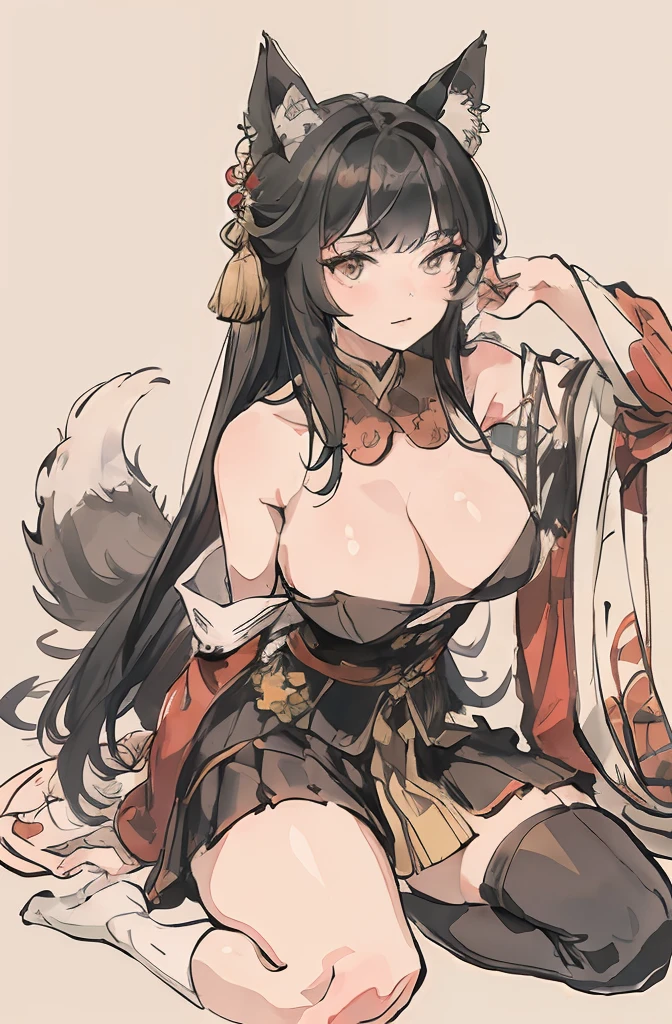 (tmasterpiece,best qualityer:1.2), A lovely 18 year old woman, Oversized dress:1.2, Ultra-fine face, Fine Eye, 二重まぶた, sfv , long skirt,fox ear,whaite hair,Pair of black over-the-knee socks