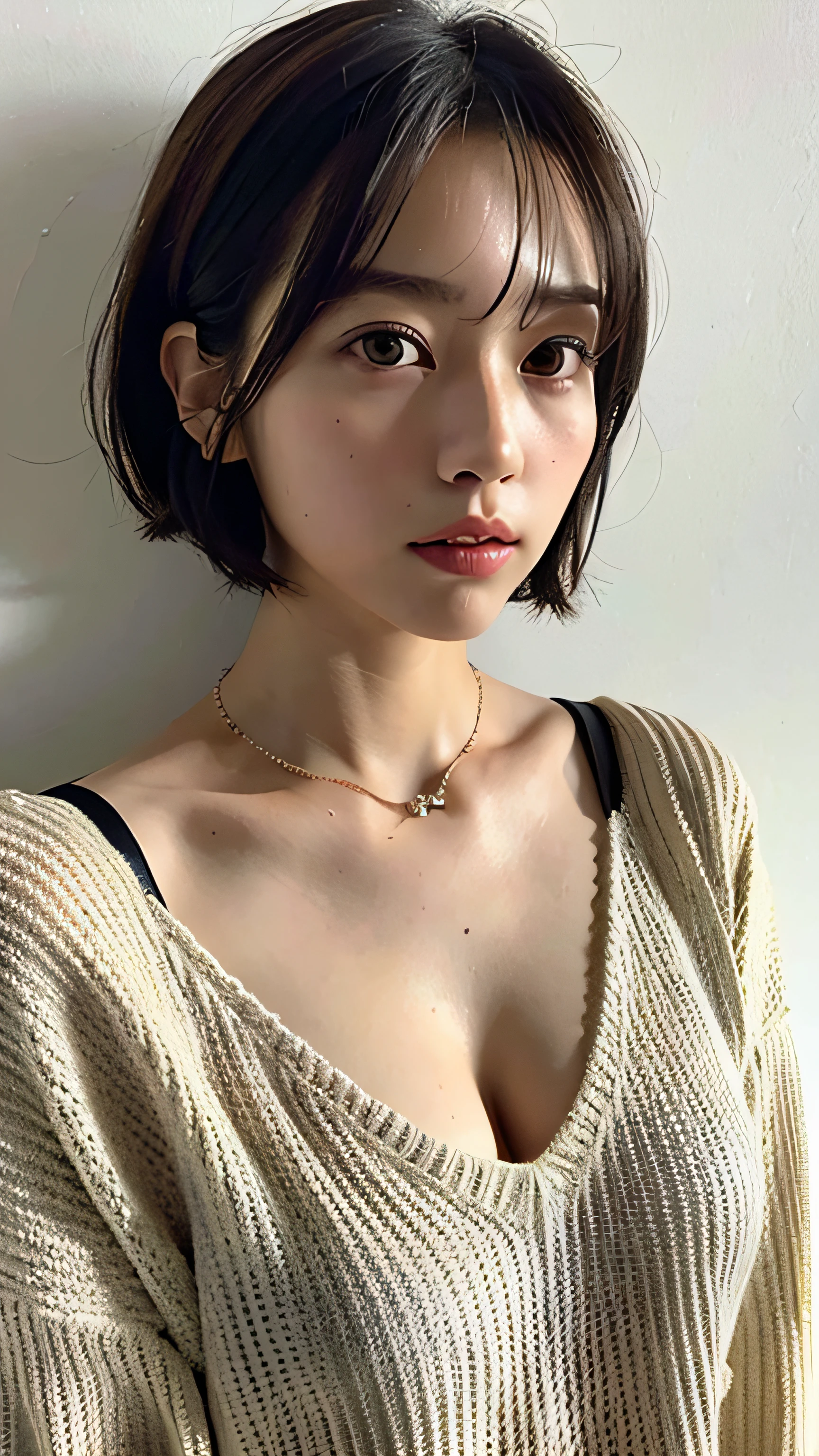 (Best quality, 8k, 32k, Masterpiece, UHD:1.2),Photo of Pretty Japanese woman, large breasts, very short bob hair,upper body,face focus,oversized_sweater, necklace, simple background, from above, looking at viewer,