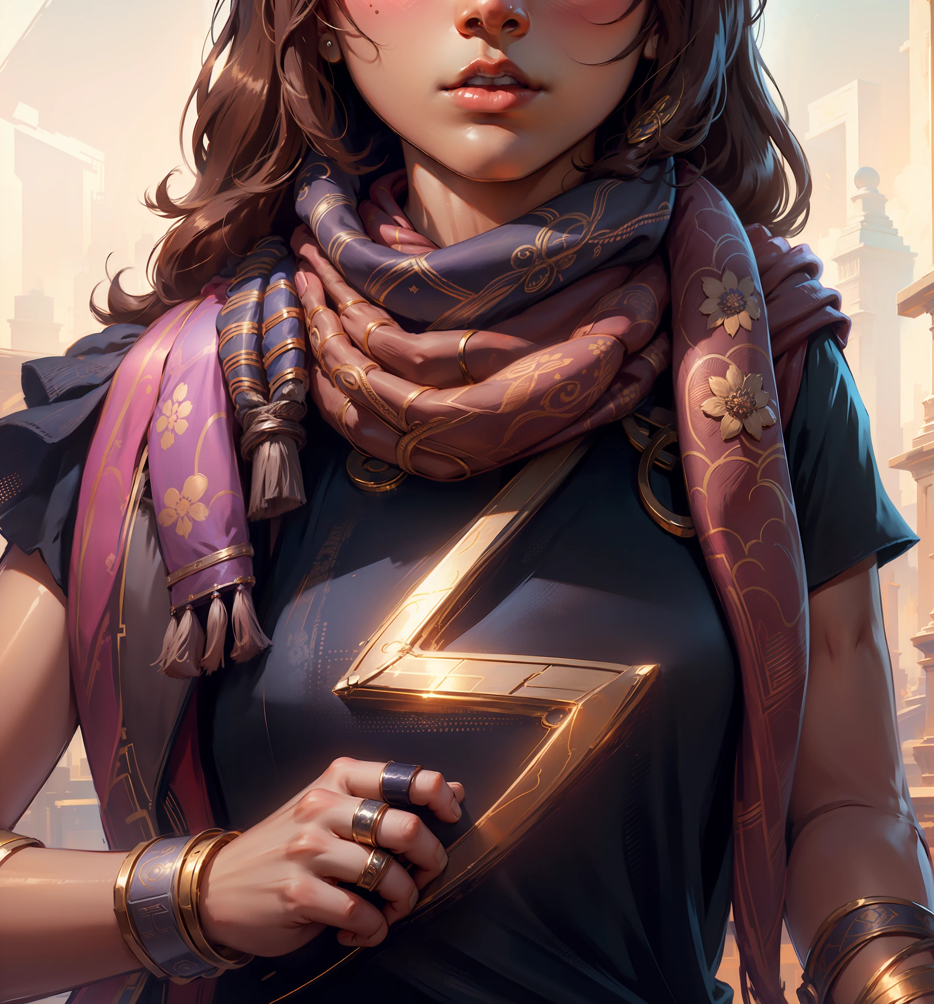 Kamala Khan, Ms. Marvel, frist, close hand, rings, braslet, floral scarf, black shirt, electric symbol, detail hand, close hand, dark brown hair, dark skin, soth asian, Pakistani sexy girl, white background, detailed, 4k, breast