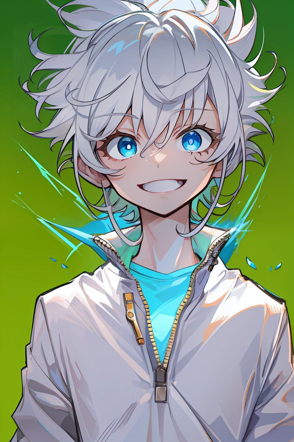 The boy with white hair，Hedgehog head，Blue screen floating panel，wrench，an inventor，Blue T-shirt，White coat，big laughter，closeup of face。