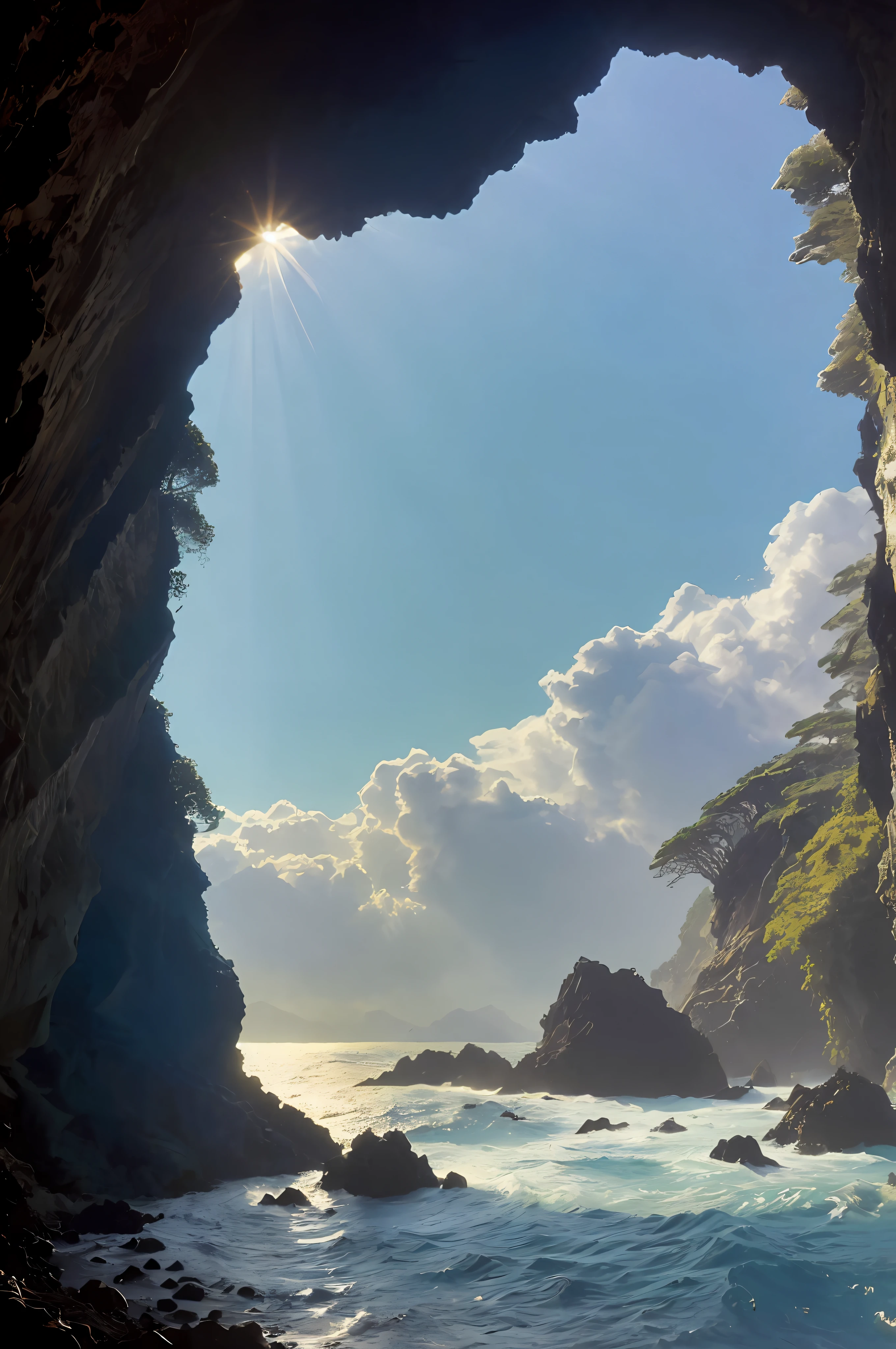 In cave over the sea, outside look, wave, mountain, plants and trees, bluesky, cloud, realistic, birds, (8k, masterpieces), ( best quality:1.4), (high quality:1.4), (hi res.), (extremely full detail),