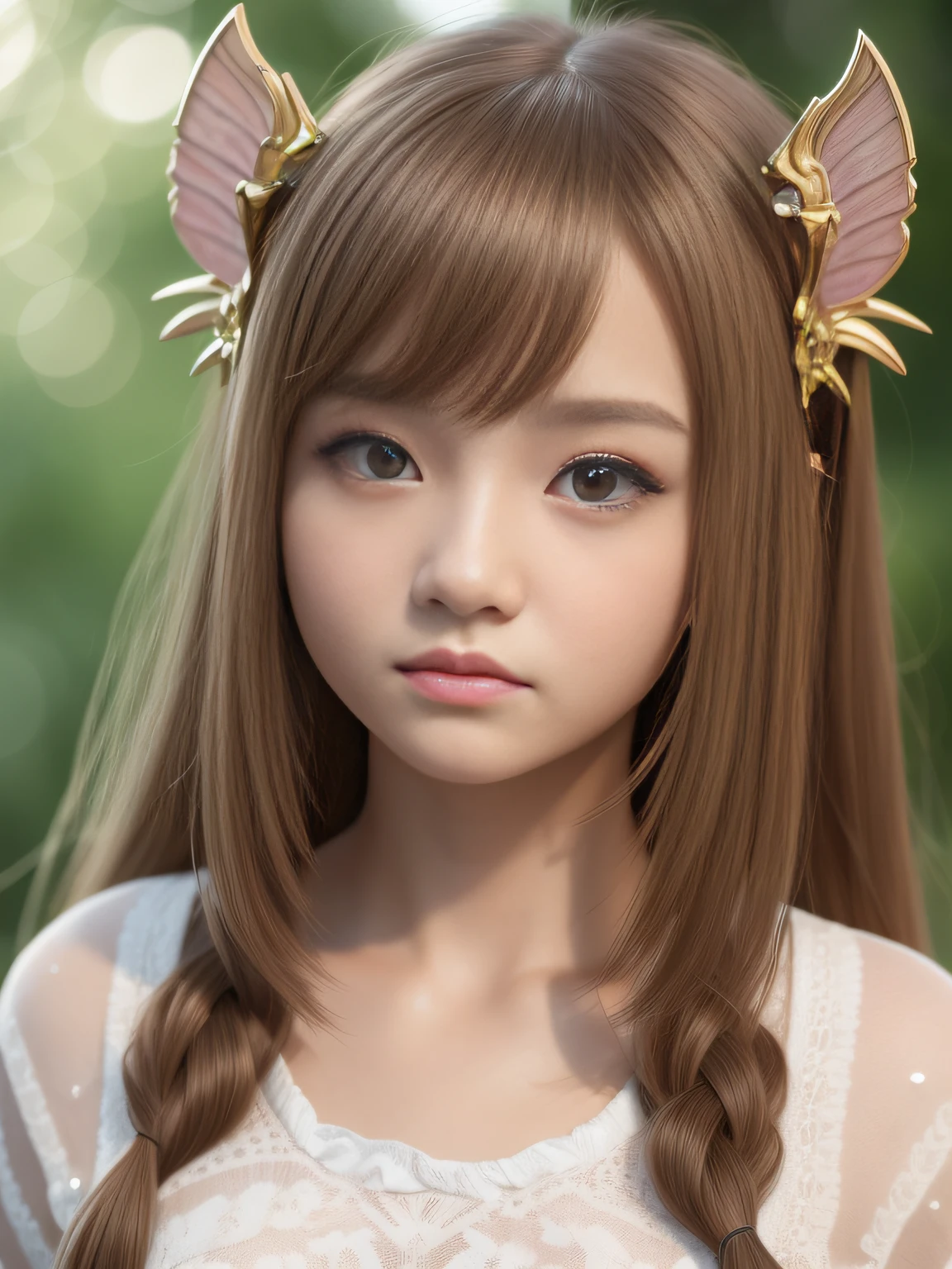 Little girl, closeup of face,The expression is pitiful,watered eyes,Aggrieved expression,eighteen years old, Long curly hair, Reddish-brown hair, Blonde glasses, hamster ears, Beautiful glowing wings, smooth soft skin, Fine face, concept-art, Fairy tales, Fairy tales, kawaii, Octane rendering, 3D, Perfect face, Fine face, Fine eyes. Chinese girl soft lighting, 4k --s 730 --AR 9:16 --q 5 --niji 5