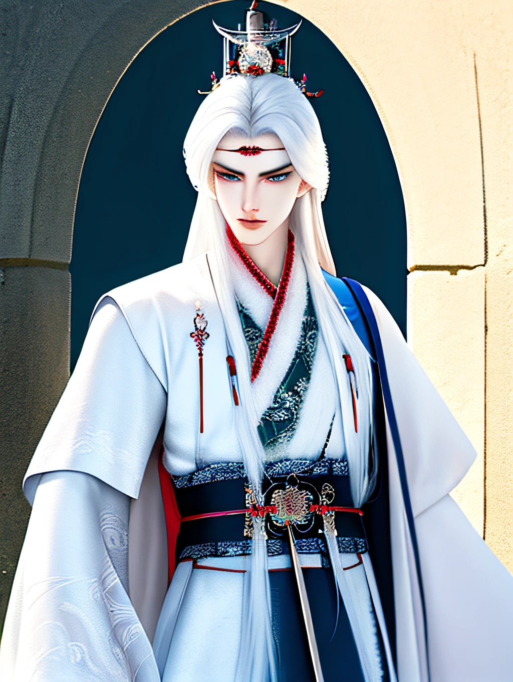 Best quality, masterpiece, very detailed wallpaper, long hair, 1boy, white hair, solo, hair accessories, blue eyes, hanfu, ancient official, official hat, hand-fan, hanfu, hold, long sleeves