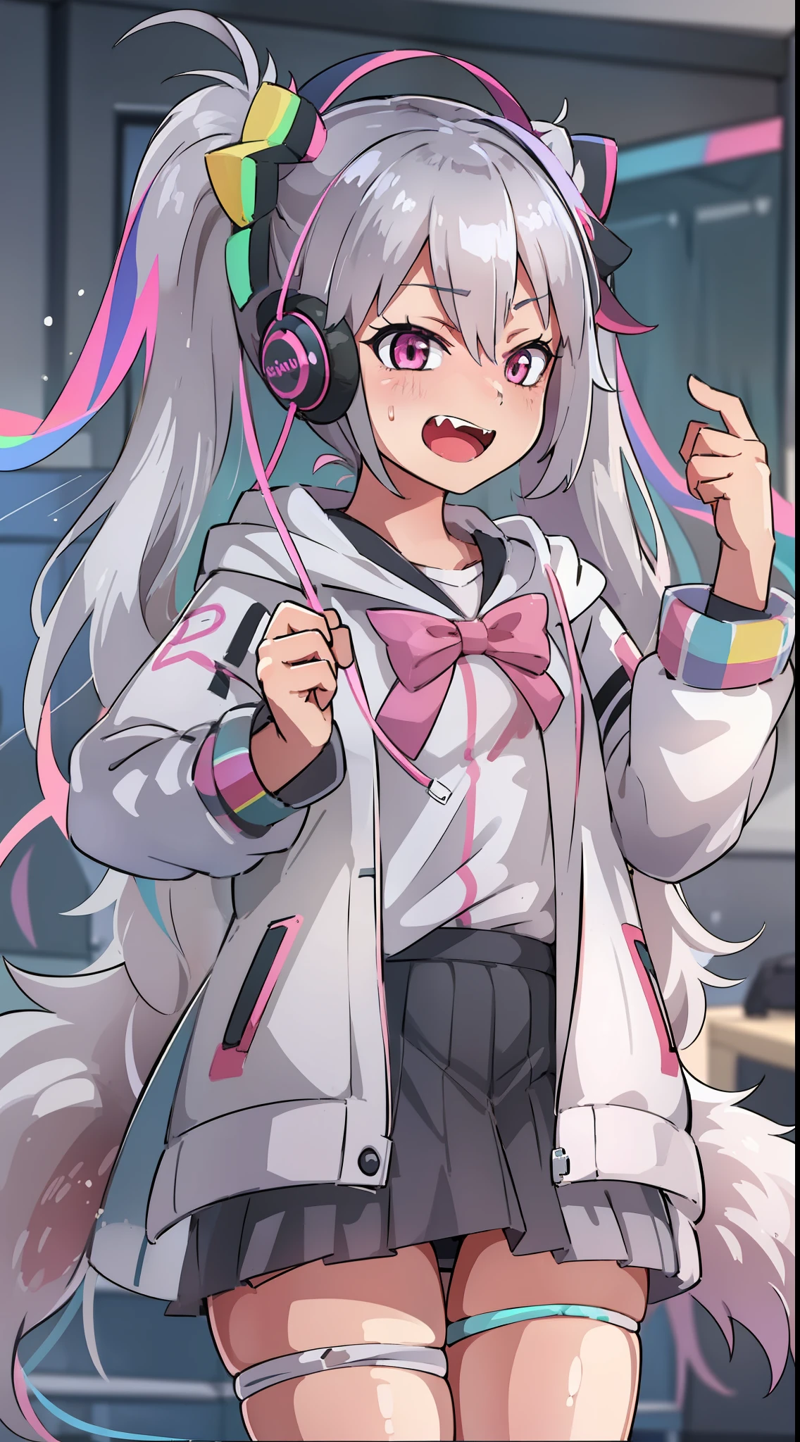 hiquality, tmasterpiece (One Girl) streamer, Headphones with microphone on the head, Gray hair with iridescent strands, with two long ponytails and dark bows on the tails, pink eyes, one eye covered, Cute smile with open mouth and fang, White jacket with rainbow patterns, panty, bare feet. In the background of the room