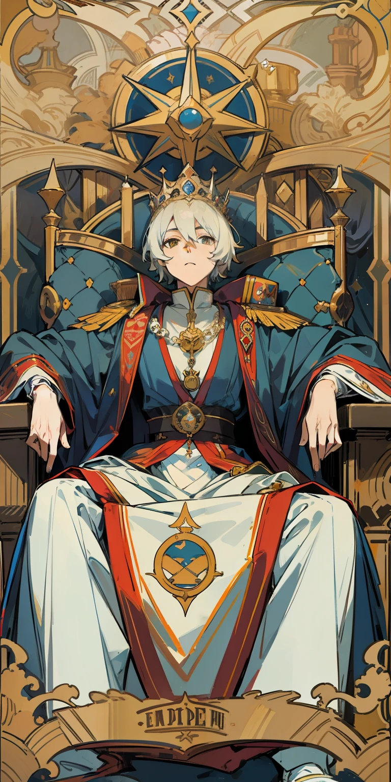 The emperor card in tarot，the emperor，sitting on an royal throne，diadems，Majesty