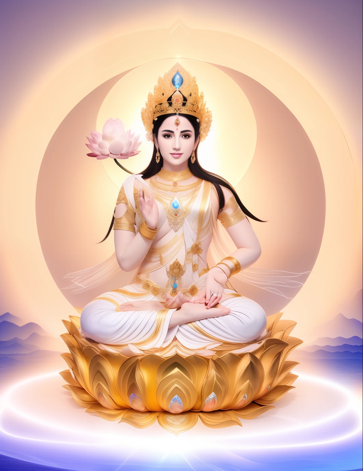 There is a beautiful goddess in the void，Goddess in white，Long curved eyebrows，Beautiful eyes sparkle，The large, Jewel-like eyes sparkle，Clear pupils have reflected light，二重まぶた，（（Plump and rosy lips））Nipples clearly visible，（（Flushed cheeks）），The mandible is plump，Fair skin is delicate and smooth，Delicate skin translucent，A delicate and dexterous crown，inlaid gemstones，Refined and ingenious，inlaid gemstones，Sit on a lotus in the air，Surrounded by white clouds，（（Pinch the stem of the lotus flower with one hand）），Place the other hand（（（Open palms））），（nice hand），（Good feet），（good legs），realisticlying，white skinned，（（Correct body structure）），White clothing，decorated in white，baiyun，Blue sky，Head background with round light，There is a five-color circle behind him，Color glow is turned on，Front lighting，Positive light，No shadows on the face，There are no shadows on the body，Blue sky，Unreal space，ethereal world，dreamworld，with blue sky and white clouds，tmasterpiece，4K，ultra-definition，professional photoshooting，