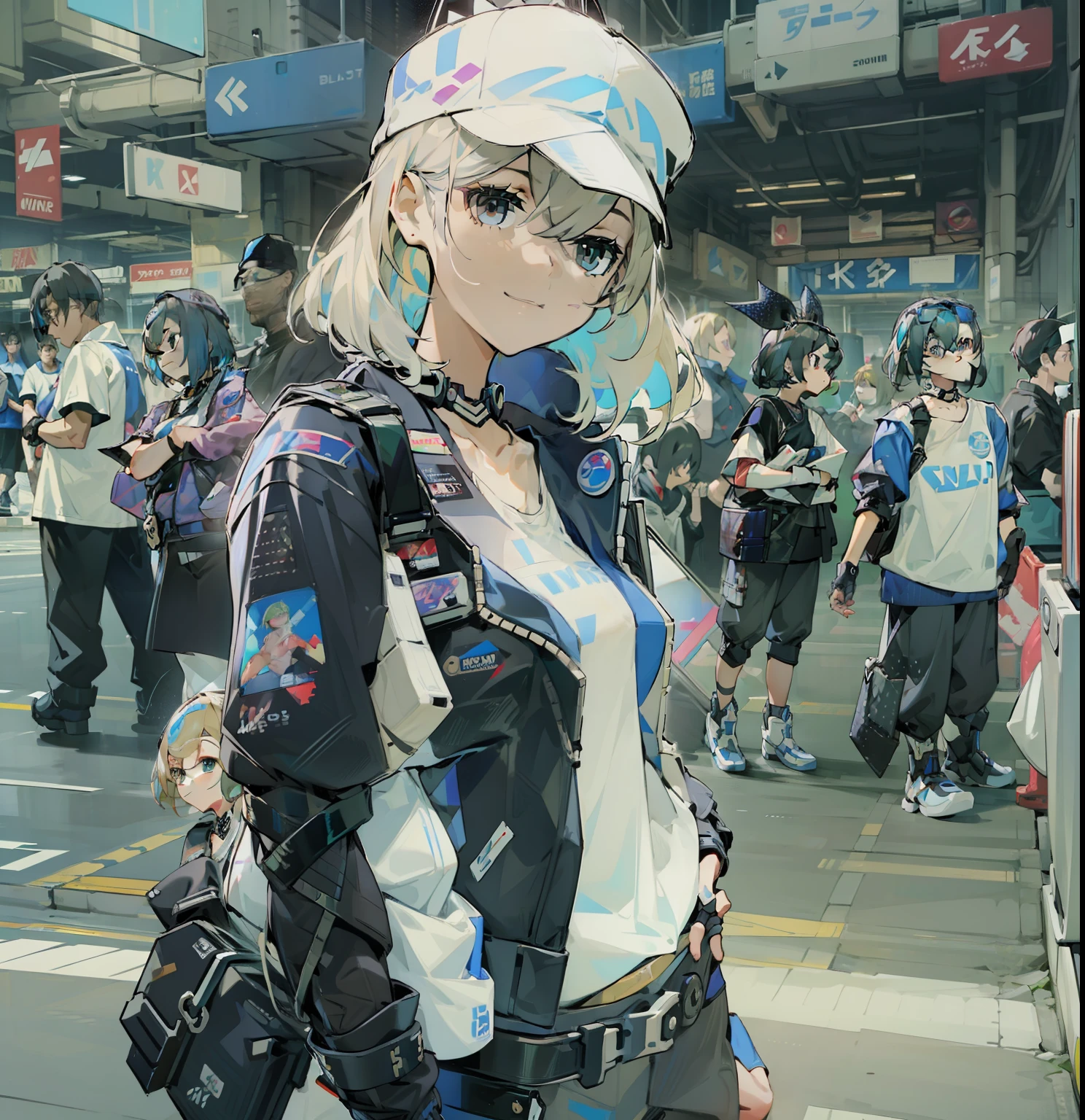 Beautiful woman medium hair、hated、cyberpunked、a short bob、a blond、White Summer Knitted Cap、 odd eye、blue right eye、Green left eye、Blue Leather Vest、Long white T-shirt、White Cargo Pants、Black Engineer Boots、head phone、Holding a pistol in his right hand、Sprint、In front of Shibuya Station、natta、Well-formed fingertips of both hands、Full body like、Colossal tits、A smile、Extend your left hand to us