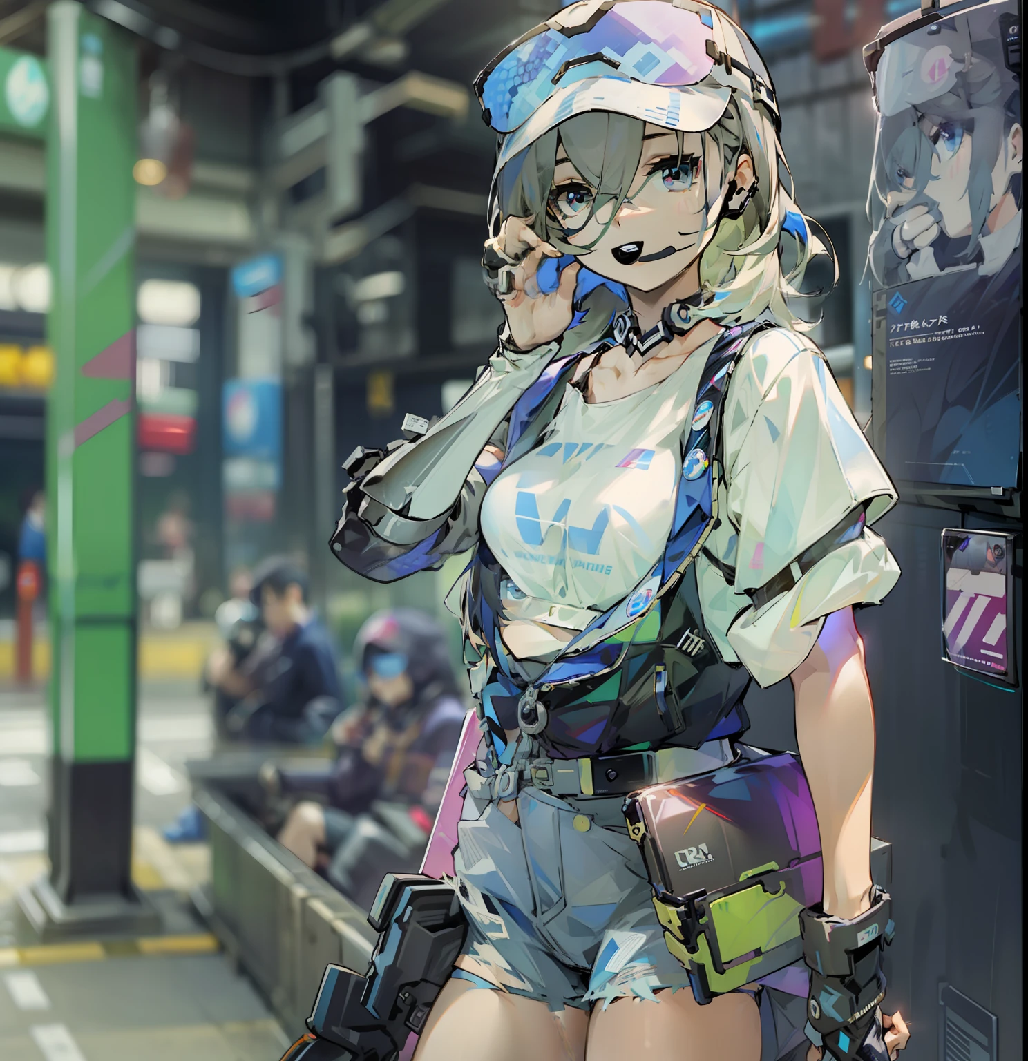 Beautiful woman medium hair、hated、cyberpunked、a short bob、a blond、White Summer Knitted Cap、 odd eye、blue right eye、Green left eye、Blue Leather Vest、Long white T-shirt、White Cargo Pants、Black Engineer Boots、head phone、Holding a pistol in his right hand、Sprint、In front of Shibuya Station、natta、Well-formed fingertips of both hands、Full body like、Colossal tits、A smile、Extend your left hand to us