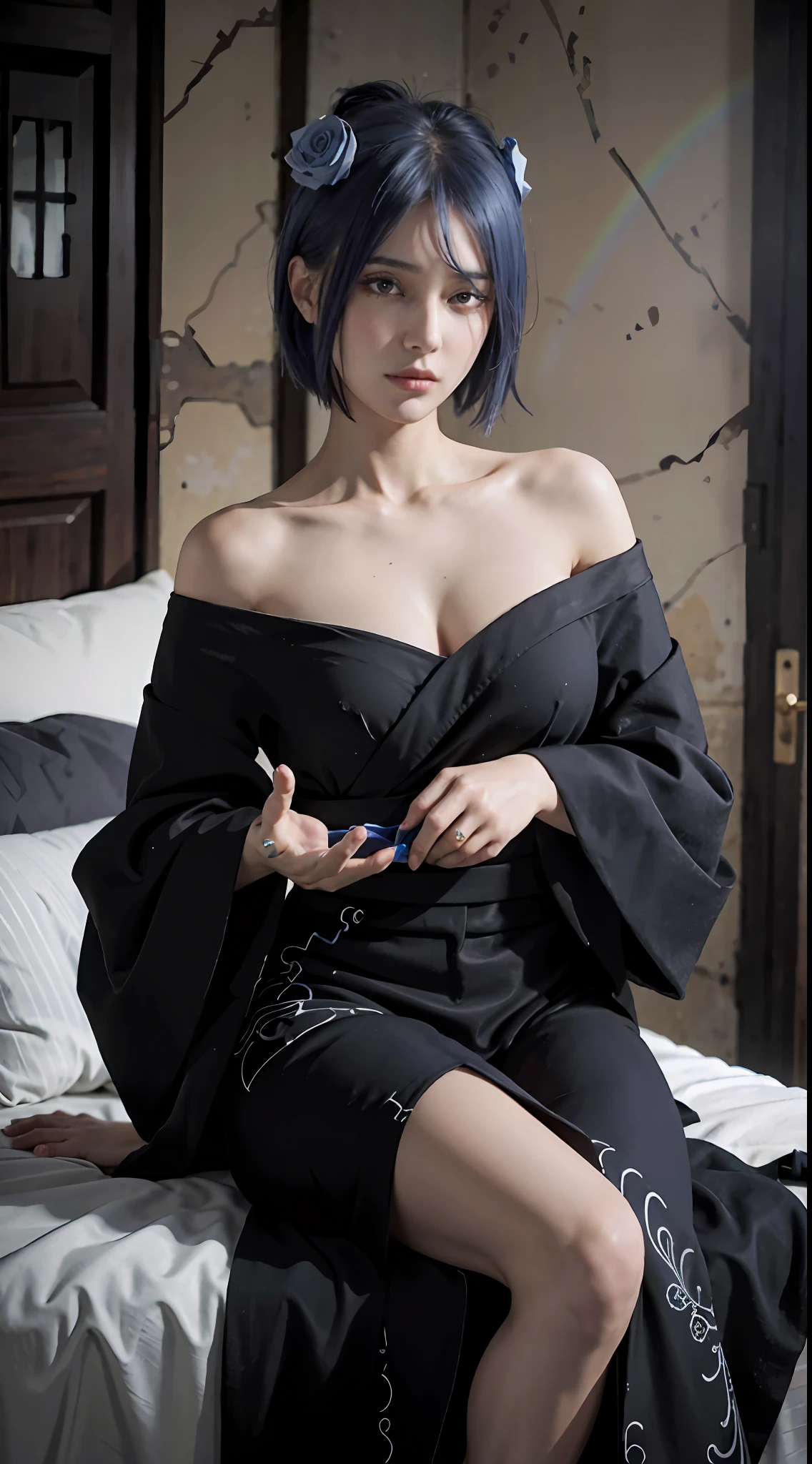 absurderes, (best qualityer), (tmasterpiece), (ultra - detailed: 1.2), (Fotorrealista: 1.1),Off-the-shoulder attire， (A high resolution), 1girll,(injury:1.1),blue hairs，short detailed hair，Black robe(bloods:1.1), Xiaonan \(Naruto\), Akatsuki pattern， Perforated Rabret, (Paper:1.2), Ripples, twirl, Rainbow art,