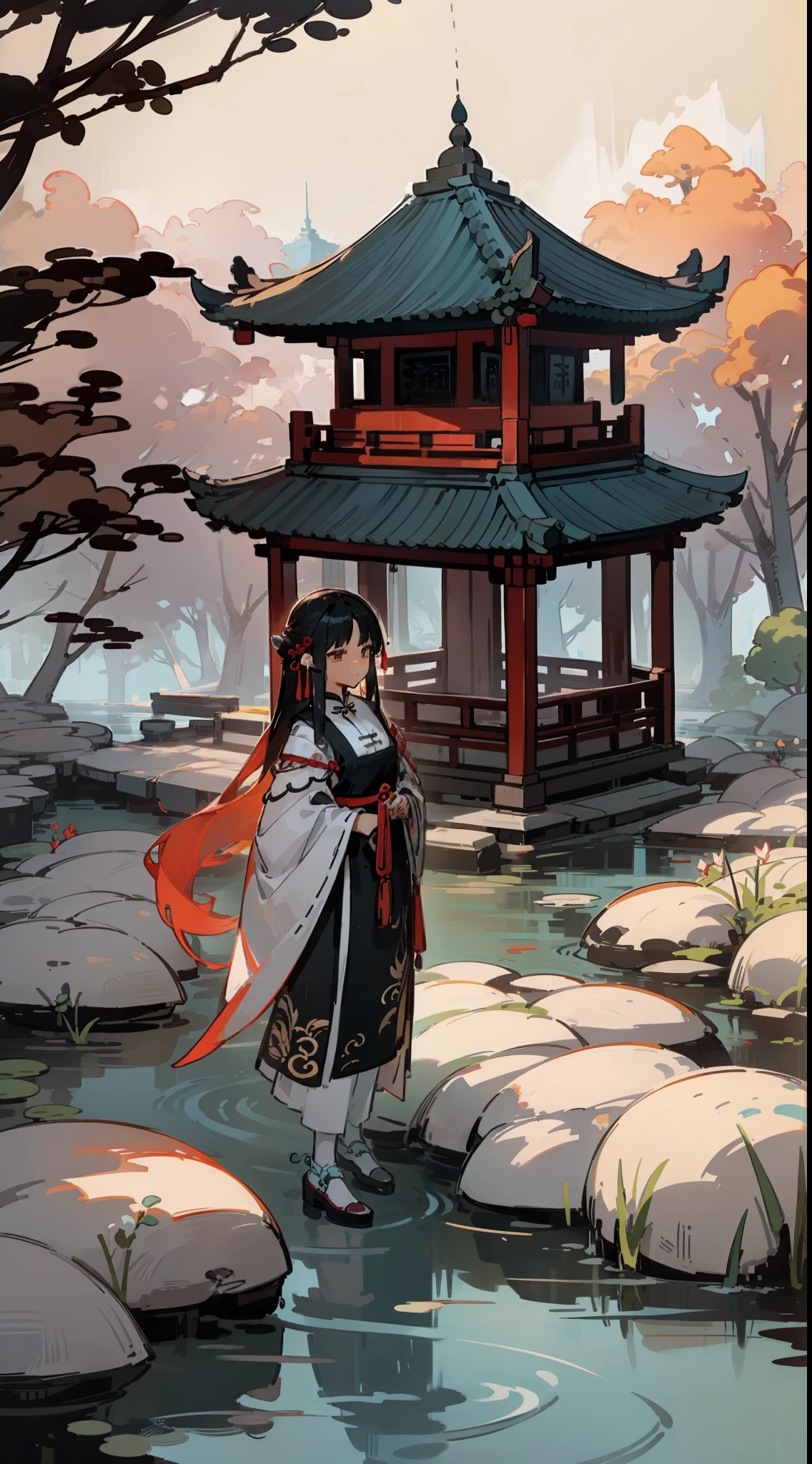 Chinese aesthetics、Ink quality、Peaceful creekside、Lonely gazebo、Long-haired girl holding a scroll、Very refined and detailed、The expression was melancholy、Creation at the highest level。
